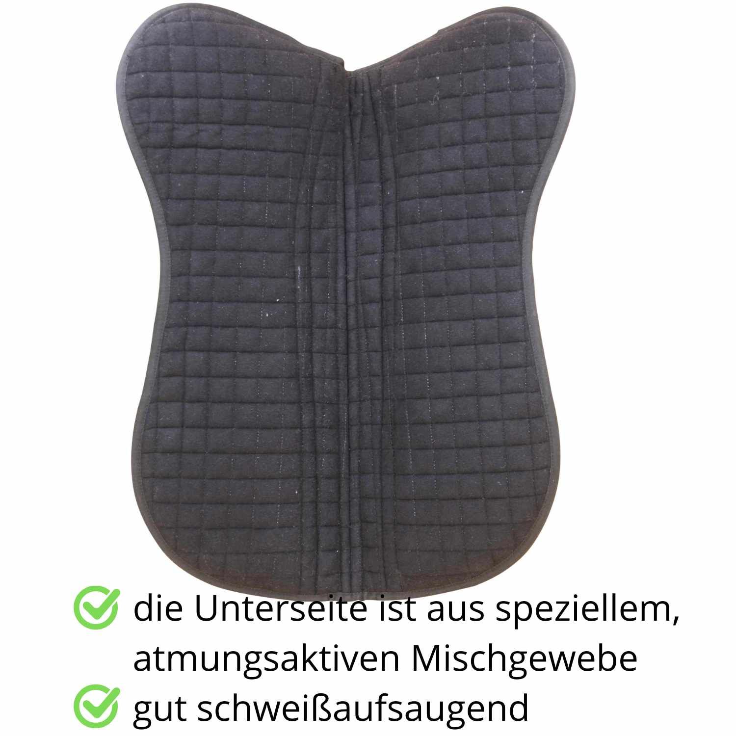 Schwarzes Sattelpad. Unterseite aus atmungsaktivem Mischgewebe, schweißaufsaugend.