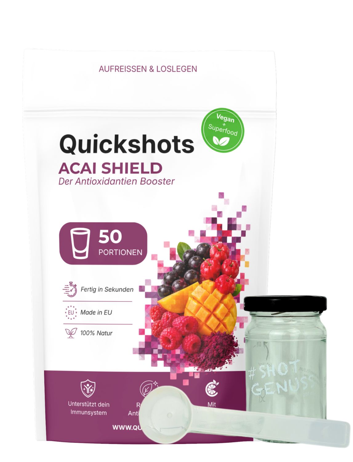 Quickshots ACAI SHIELD Beutel mit Beeren und Mango. Enthält 50 Portionen. Vegan und Superfood.