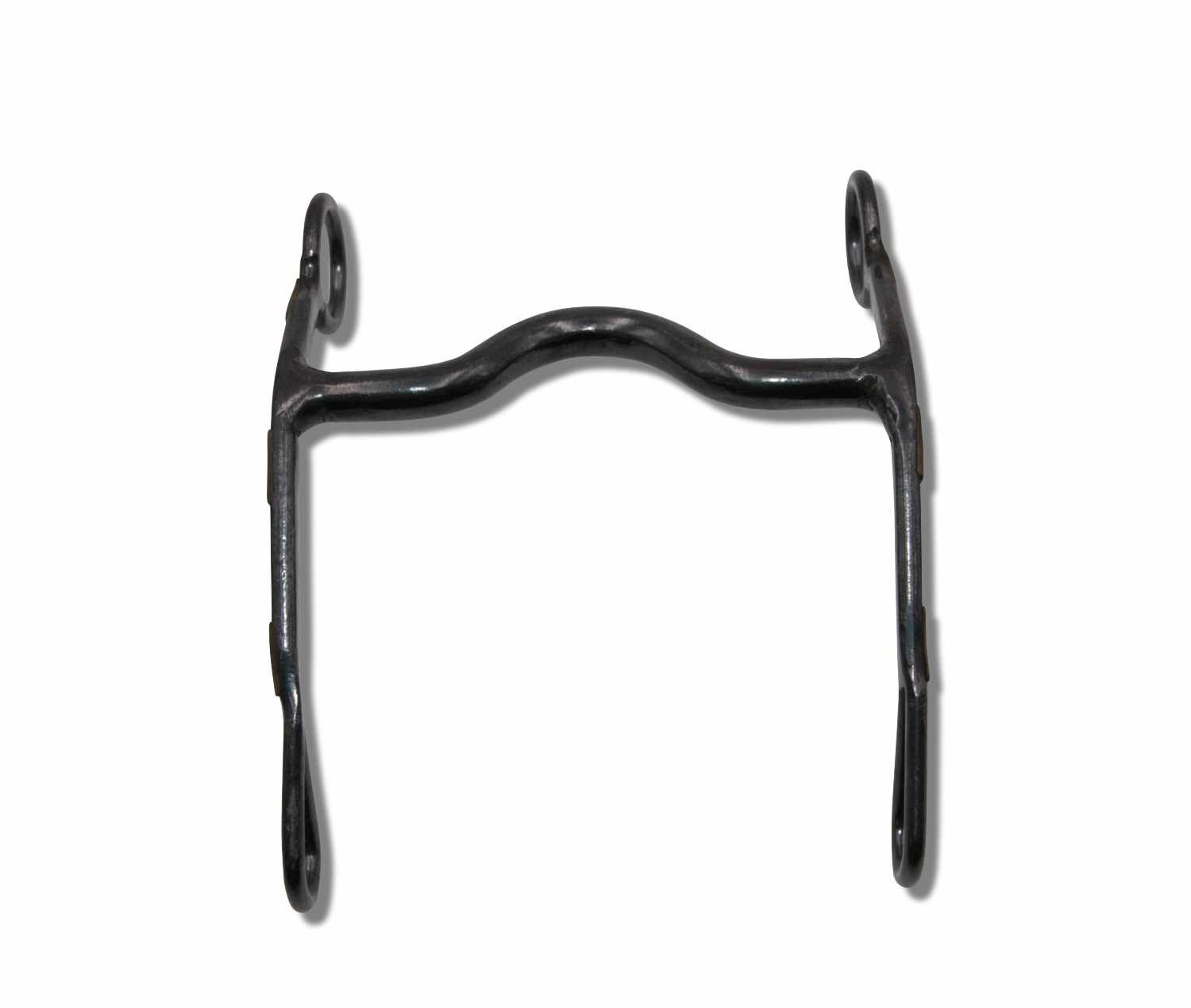 Schwarzes Metallgebiss mit gebogener Stange und Ringen. Zwei Seitenteile mit Ösen.