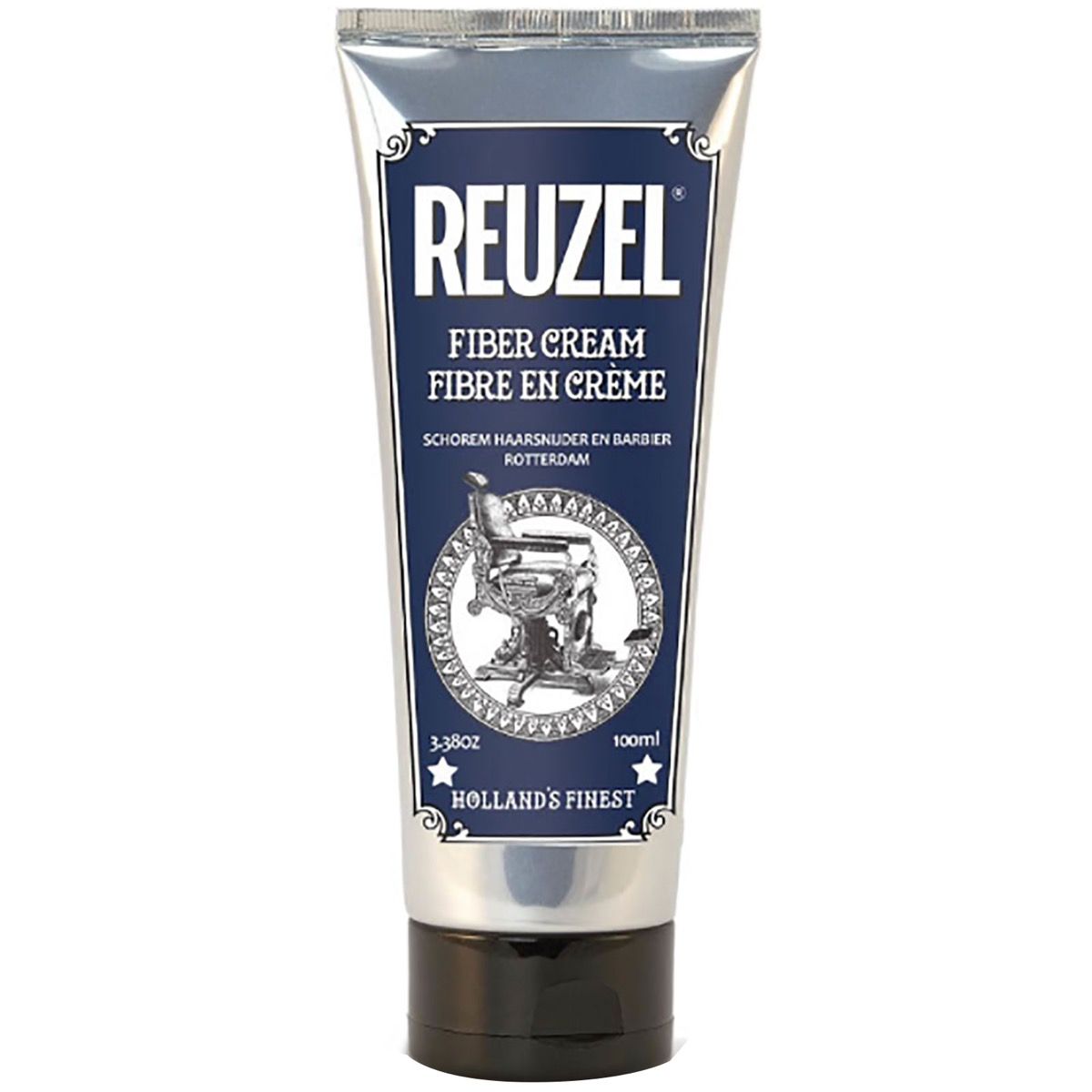 Reuzel Fiber Cream Haarpflege in einer silbernen Tube mit schwarzem Deckel. Zeigt einen Friseurstuhl.
