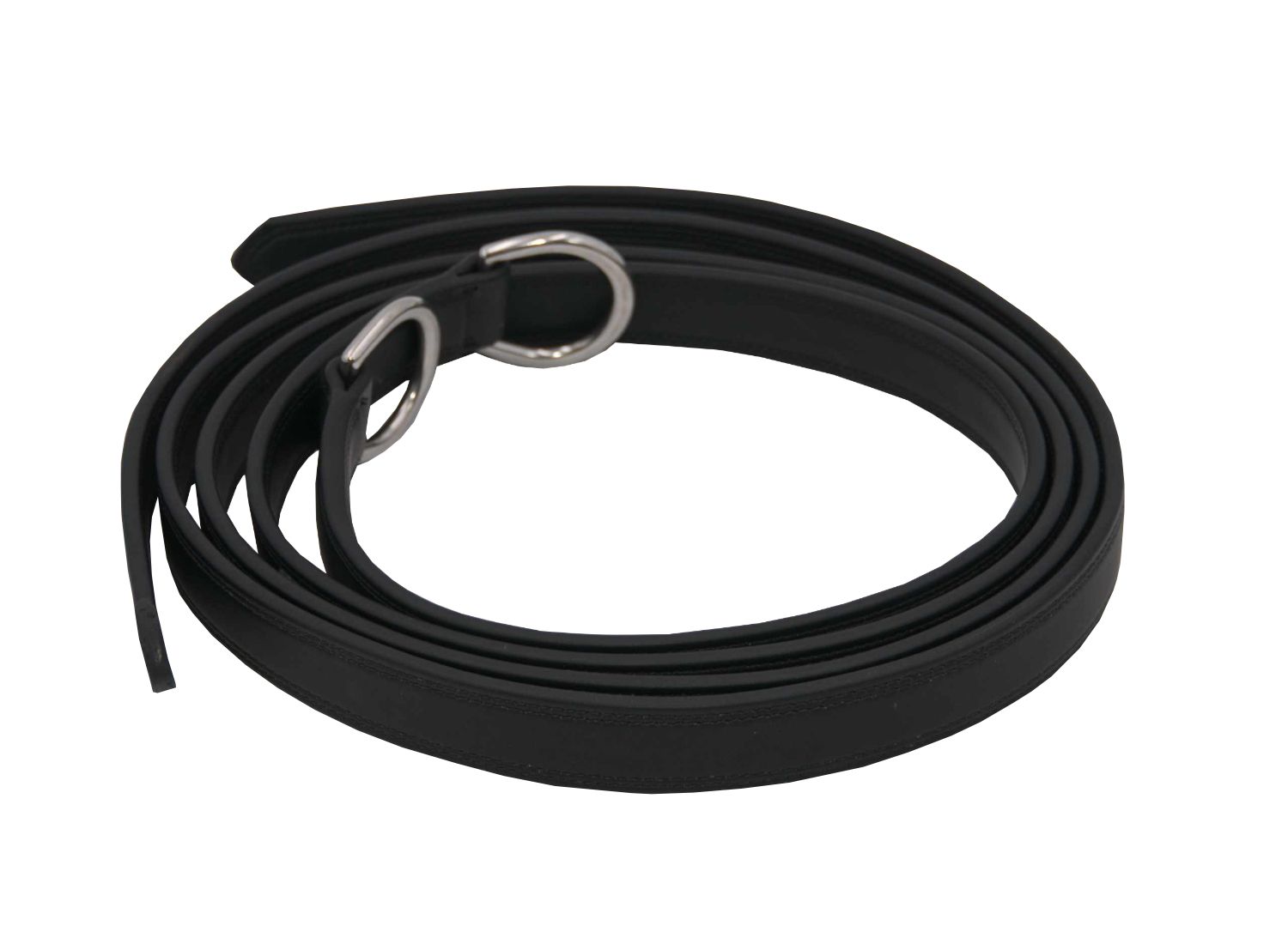 Schwarze Zugstränge mit Metallringen, auf weißem Hintergrund.