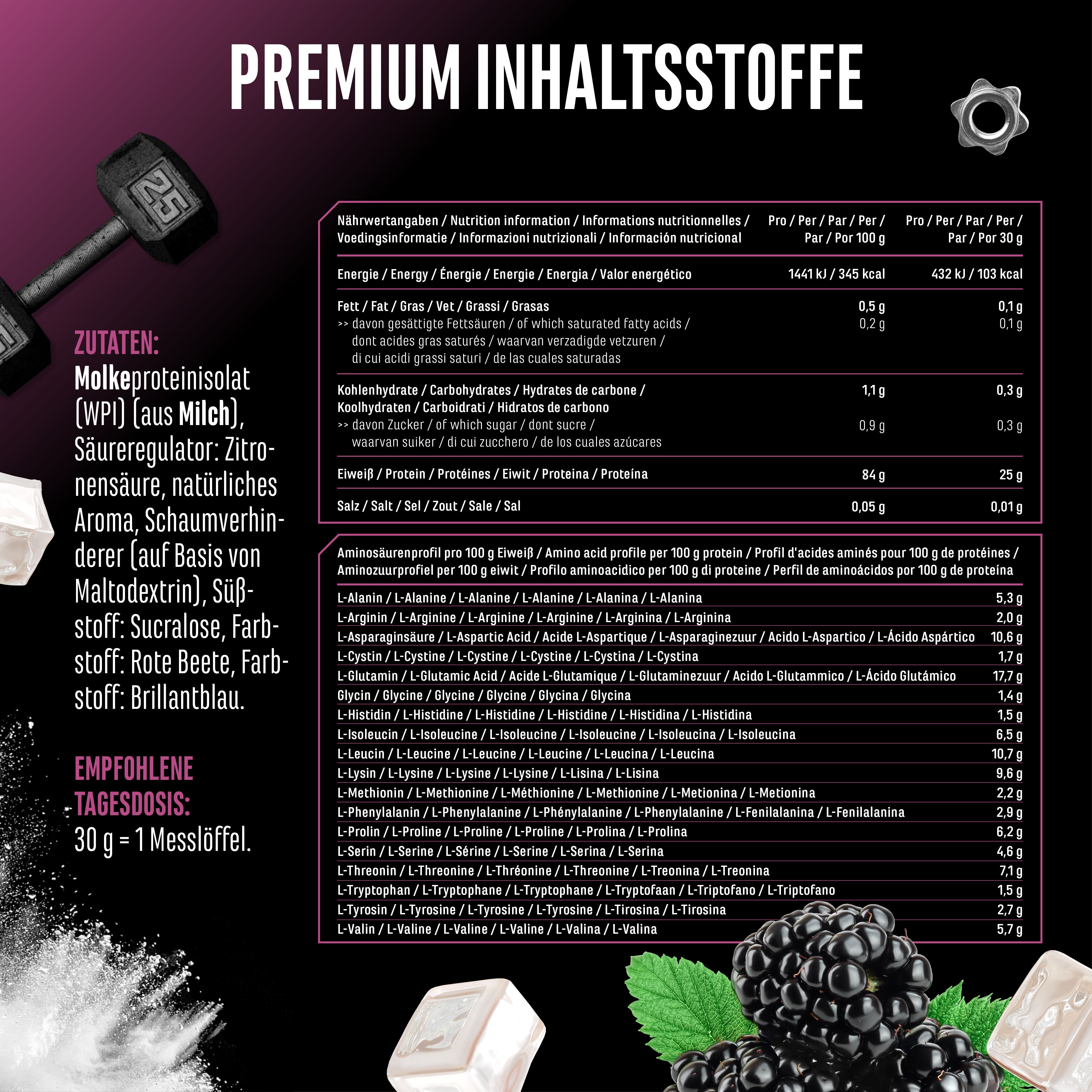 Nährwerttabelle und Aminosäureprofil für Clear Whey Protein Isolat. Zutatenliste, empfohlene Tagesdosis und weitere Informationen.