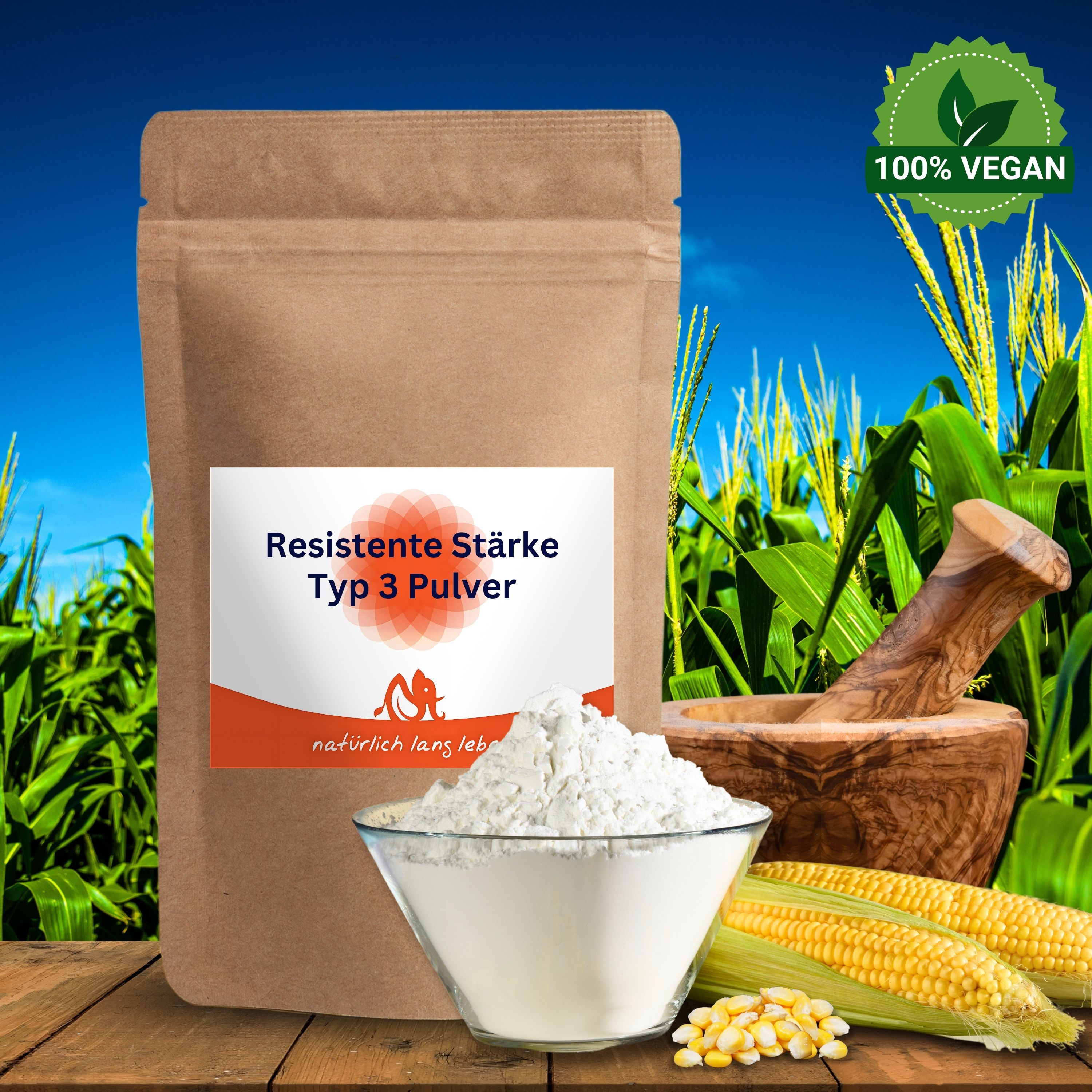 Braune Tüte mit Etikett. Resistente Stärke Typ 3 Pulver. Schüssel mit Pulver, Maiskolben, Mörser. 100% Vegan Siegel.