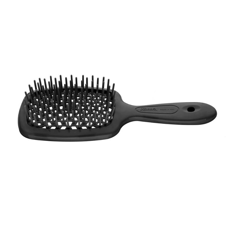 Schwarze Haarbürste mit Griff und rechteckigem Bürstenkopf. Der Griff hat ein Loch. Marke Janeke.