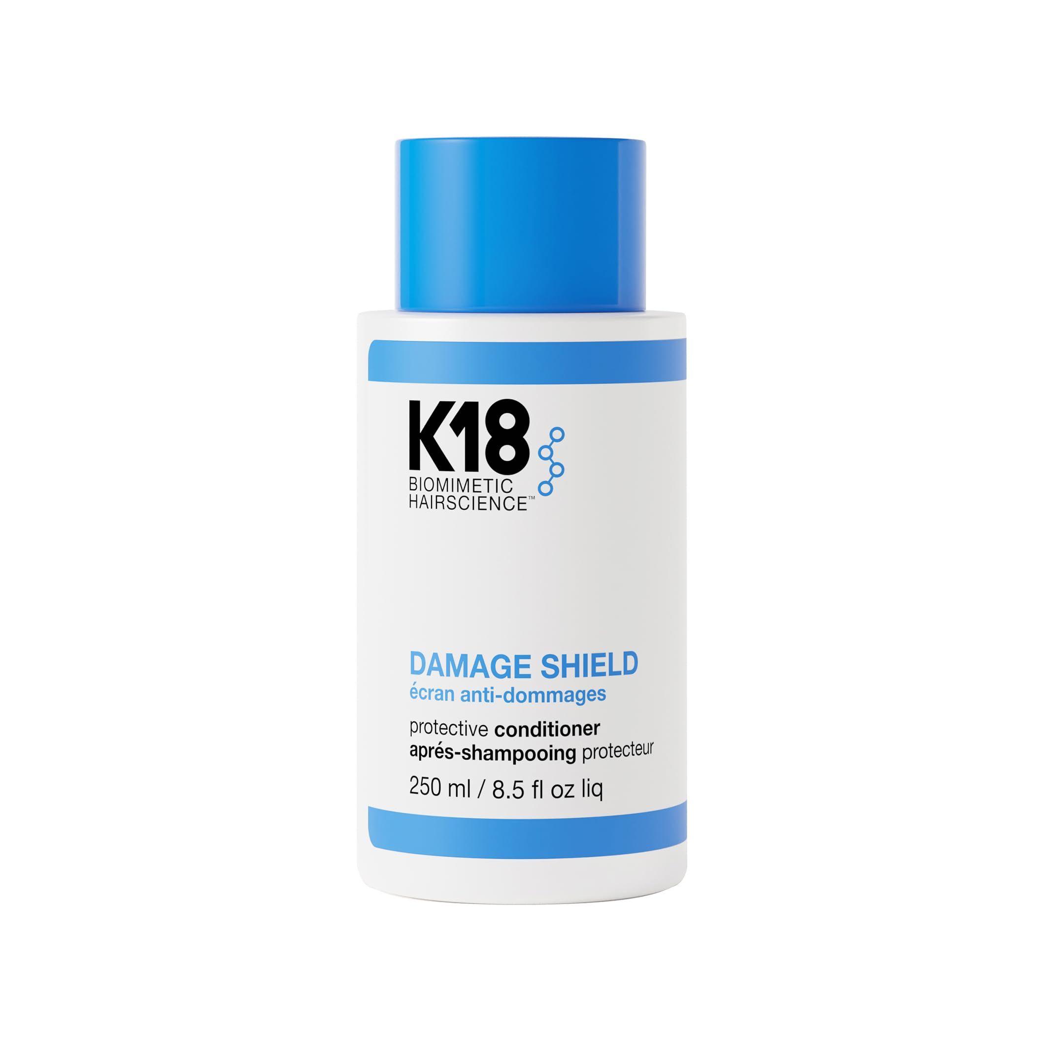 Weiße Flasche mit blauem Deckel. Aufschrift: K18, DAMAGE SHIELD, protective conditioner, 250 ml.