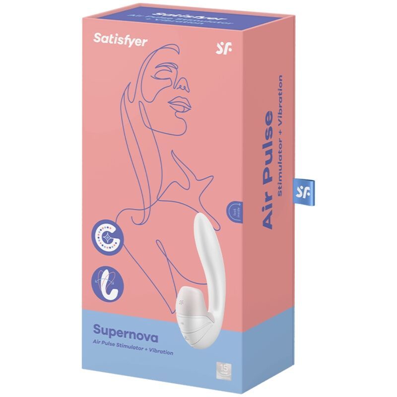 Produktverpackung, rosa-blau. Aufschrift: Satisfyer, Air Pulse, Supernova. Abbildung eines weißen Vibrators.