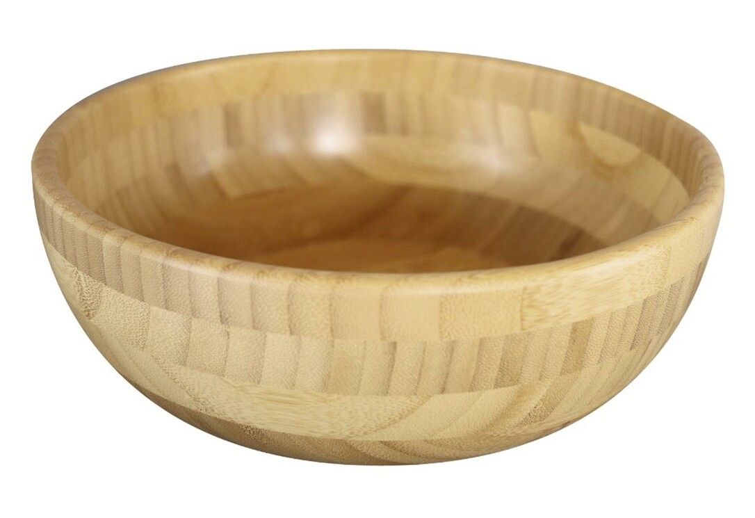 Runde Schüssel aus hellem Holz. Die Oberfläche ist aus kleinen Holzstücken zusammengesetzt. Die Schüssel hat eine abgerundete Form.