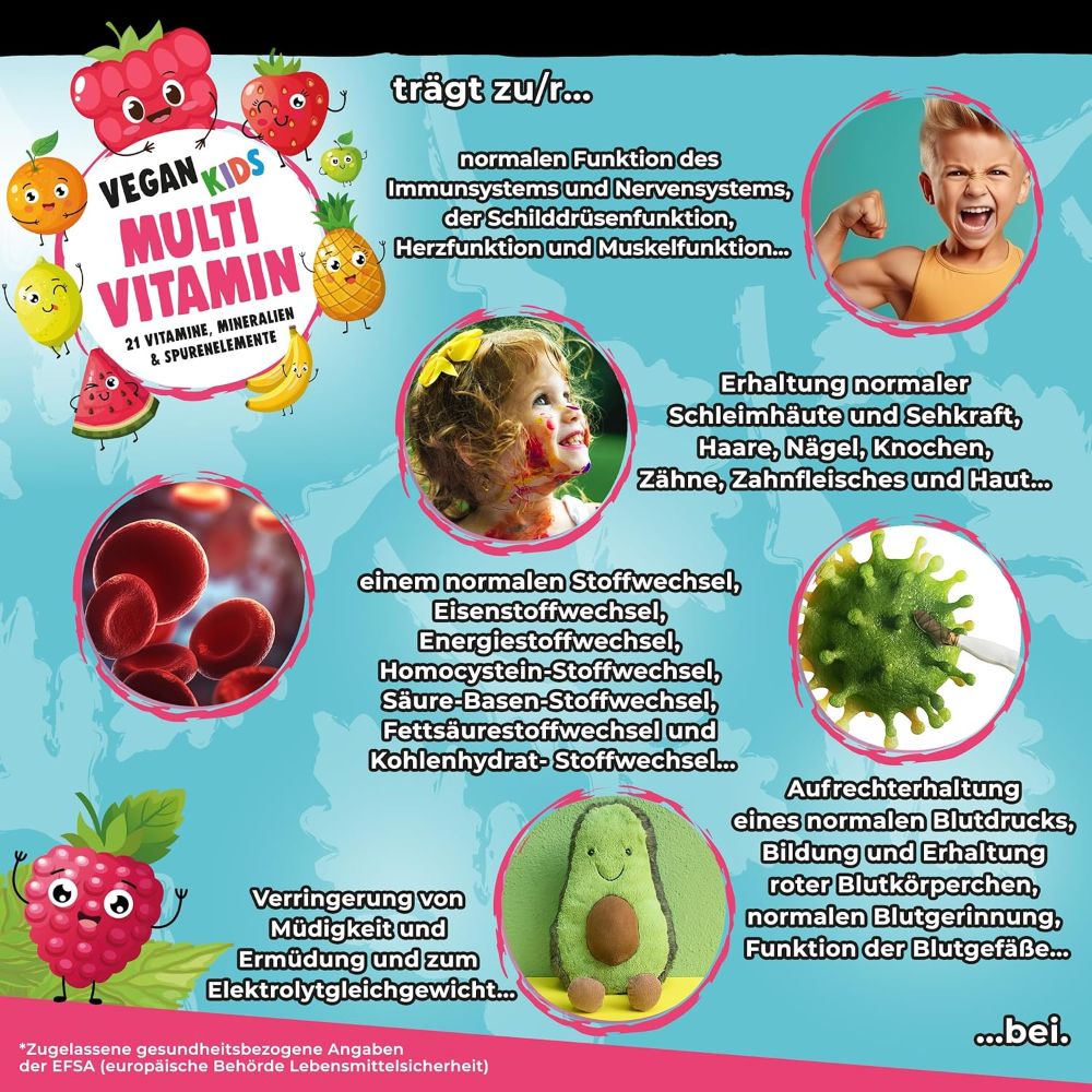 Infografik zu den Vorteilen von NatureCraft Vegan Kids Multivitamin für Kinder.