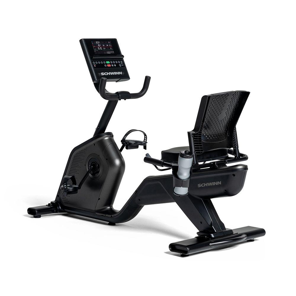 Schwarzes Fitness-Heimtrainer. Mit Rückenlehne, Display und Pedalen. Marke: Schwinn.