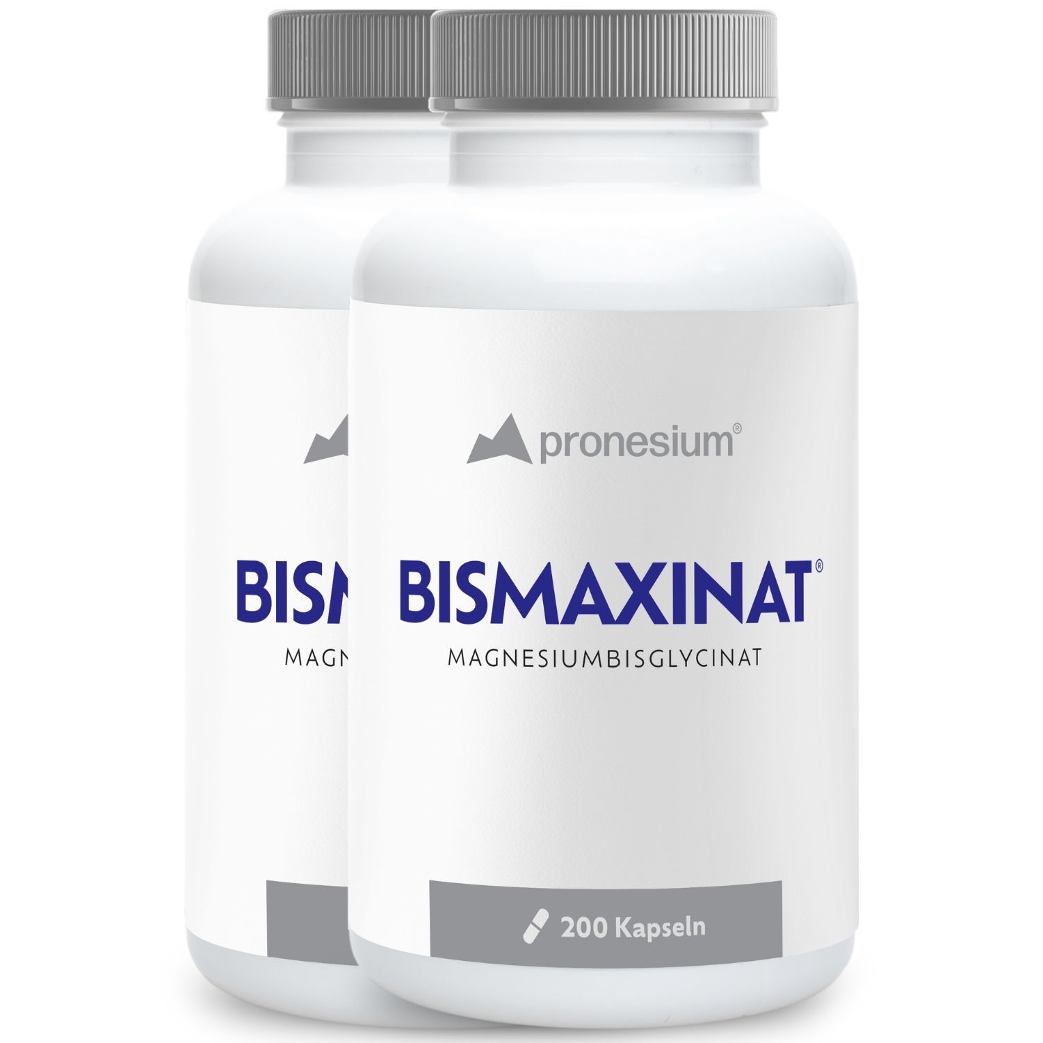 Zwei weiße Flaschen mit Bismaxinat Magnesiumbisglycinat, 200 Kapseln pro Flasche.