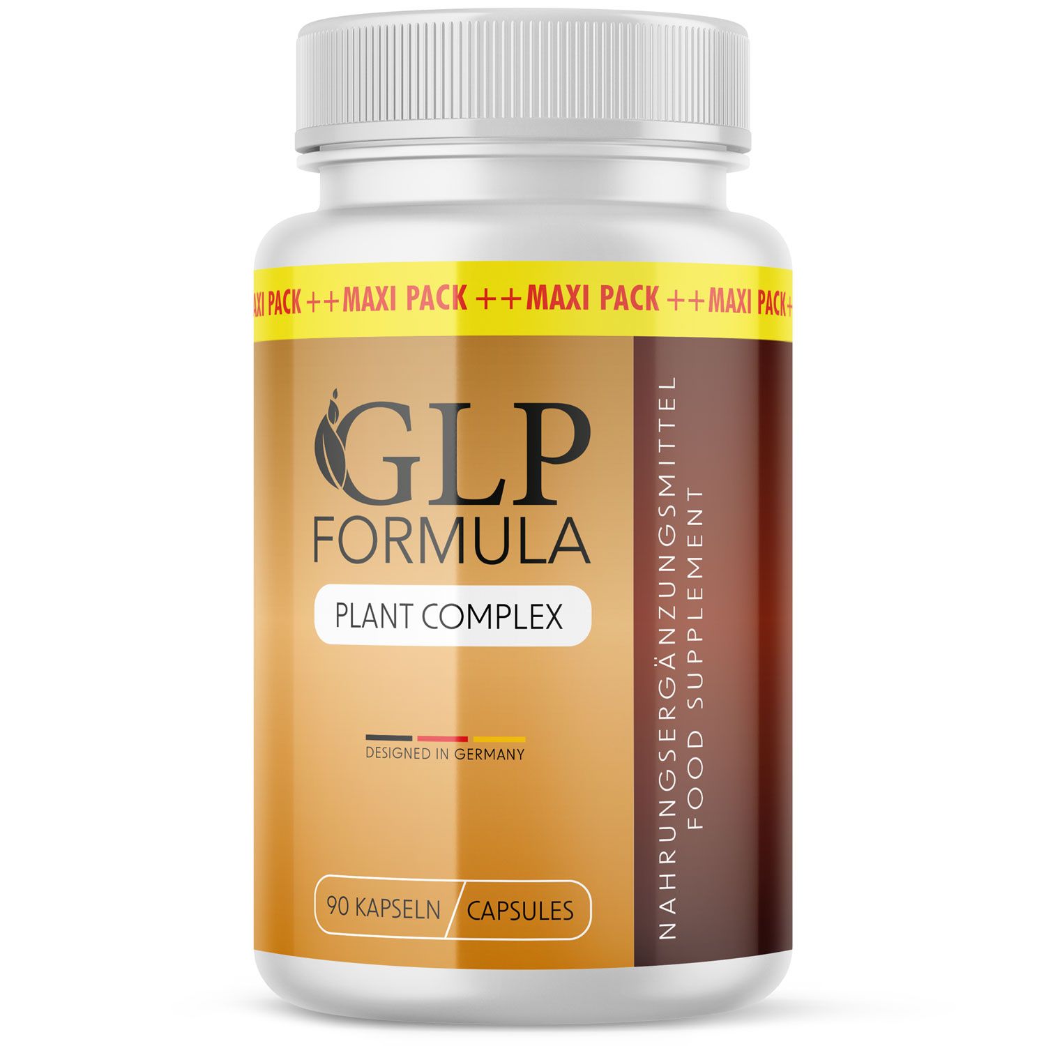 Weiße Flasche mit GLP Formula Plant Complex Kapseln. Braunes Etikett mit Produktnamen und Inhaltsangaben. 90 Kapseln.