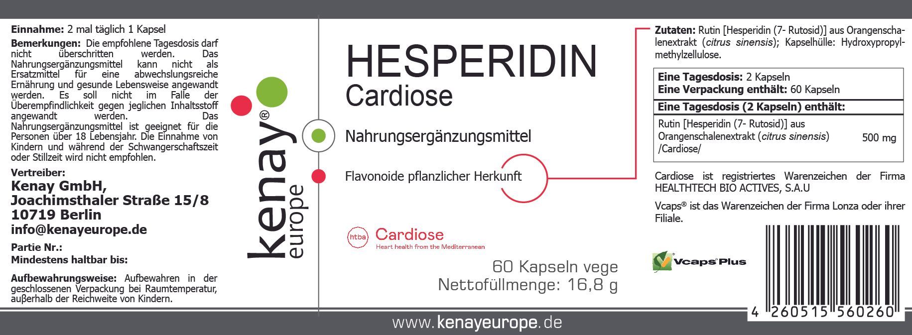 Etikett mit Produktinformationen. HESPERIDIN Cardiose, Nahrungsergänzungsmittel. Marke Kenay Europe. 60 Kapseln. Flavonoide pflanzlicher Herkunft.