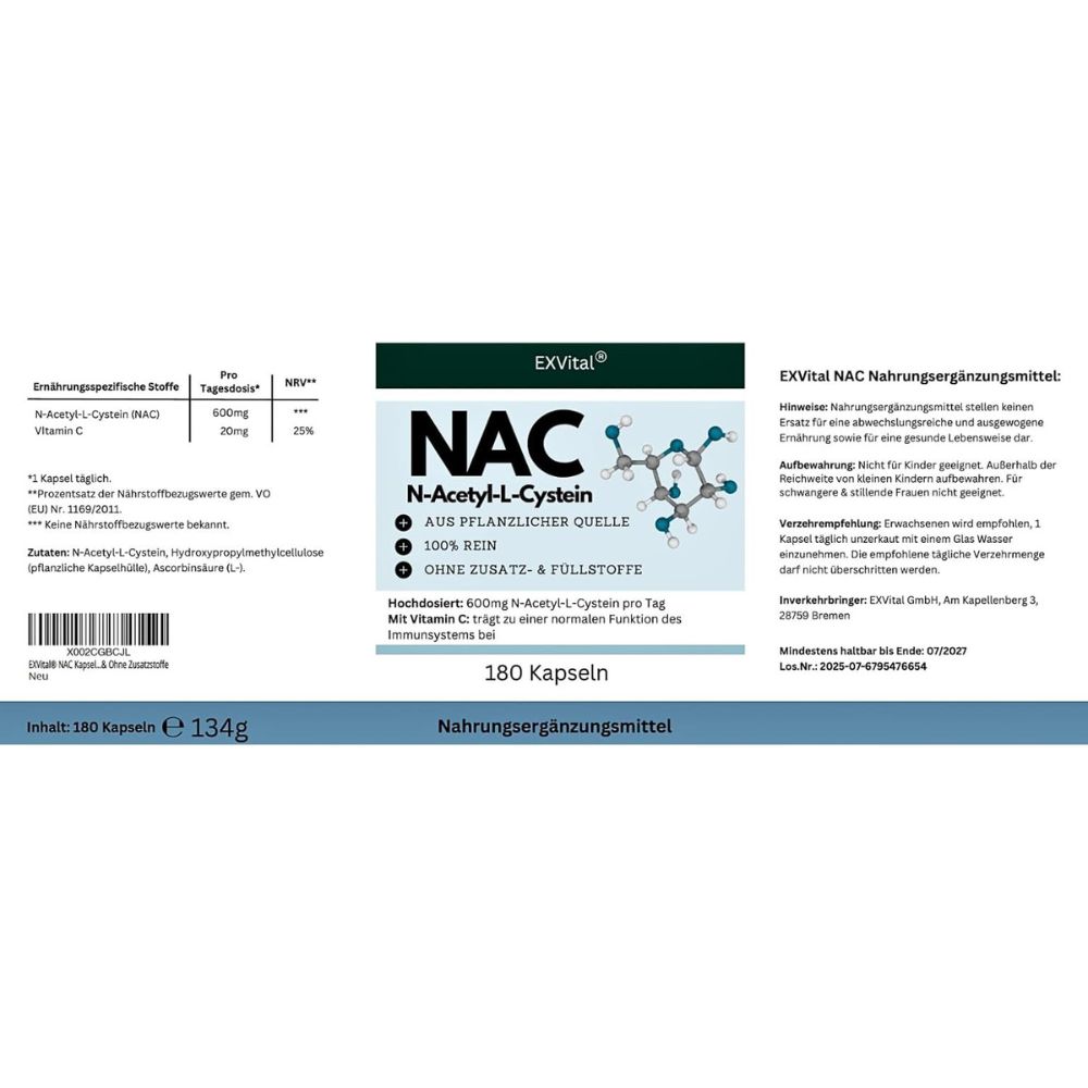 Etikett: EXVital NAC N-Acetyl-L-Cystein, 180 Kapseln, 600mg pro Tag, mit Vitamin C.