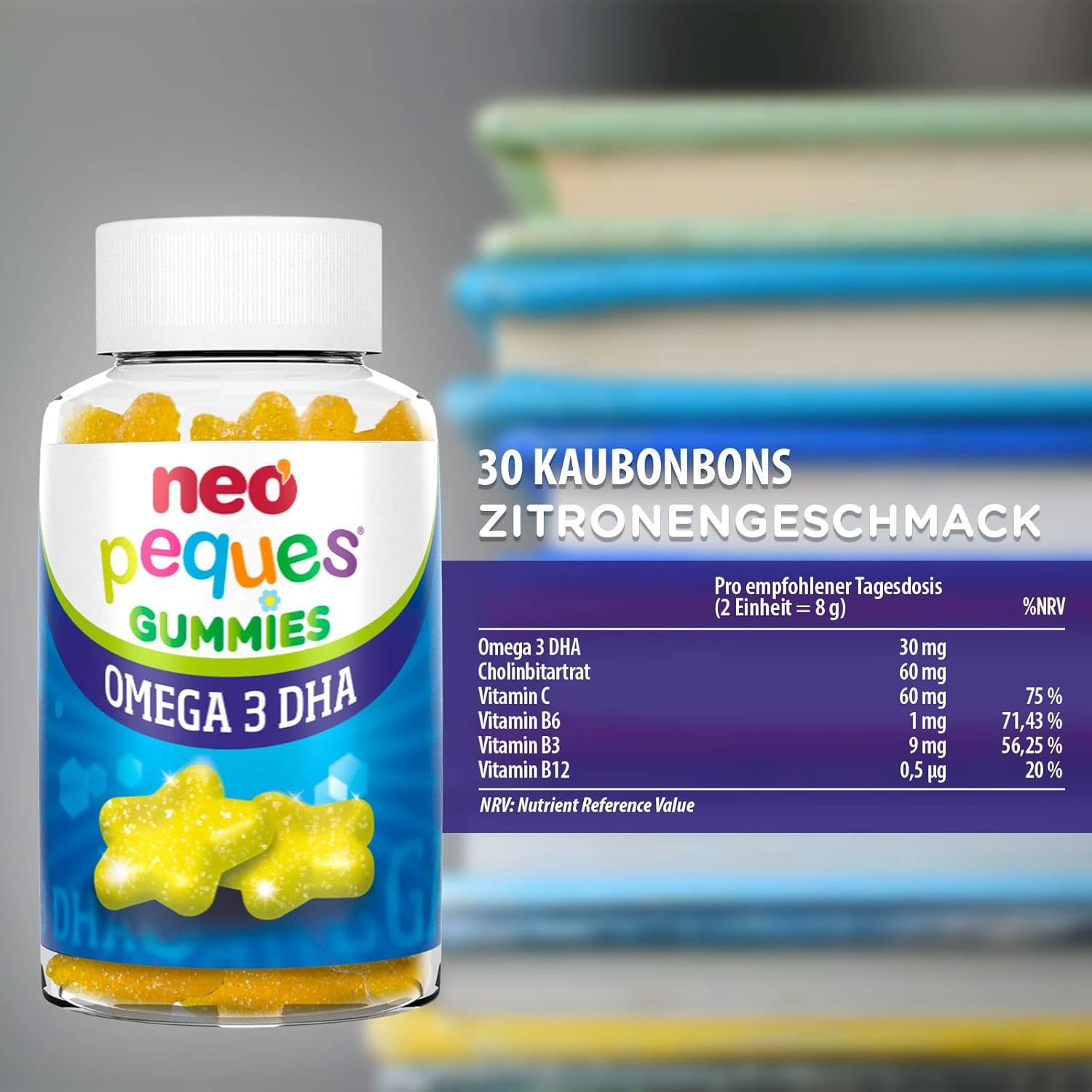 Flasche Neo Peques Omega 3 DHA Gummies, 30 Kaubonbons, Zitronengeschmack, Nährwertangaben.