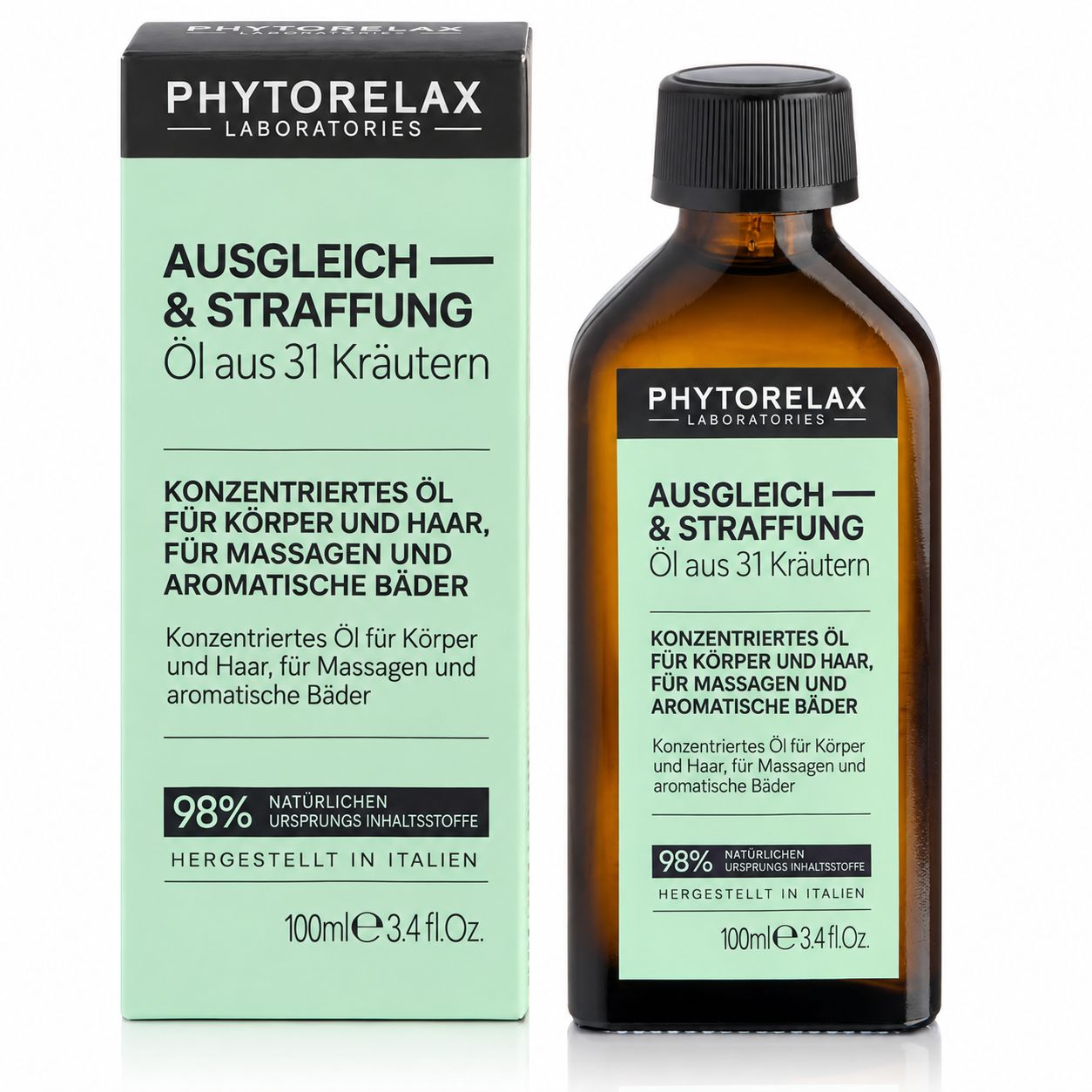 Flasche und Schachtel mit Phytorelax Öl aus 31 Kräutern. 100ml. "Ausgleich & Straffung".