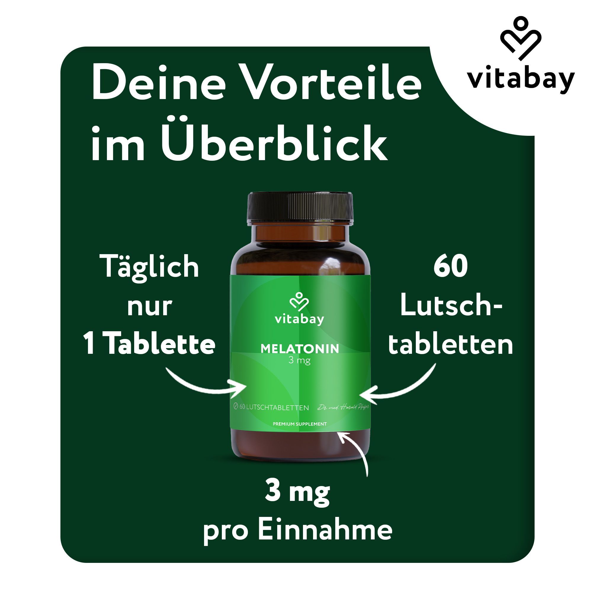 Braune Glasflasche mit grüner Etikett. Vitabay Melatonin 3mg. 60 Lutschtabletten. Text: Täglich nur 1 Tablette. 3 mg pro Einnahme.