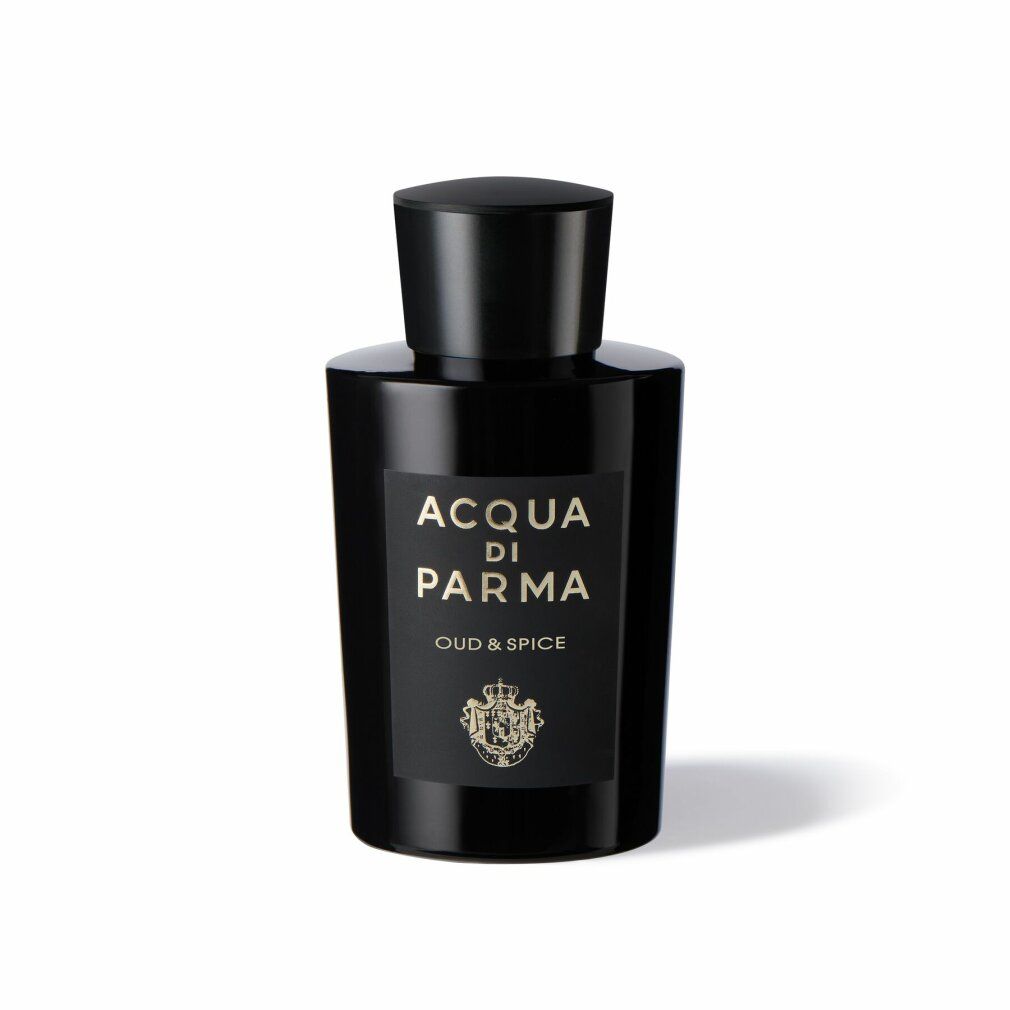 Schwarze Flasche mit Etikett. Aufschrift: ACQUA DI PARMA, OUD & SPICE. Goldfarbenes Wappen.