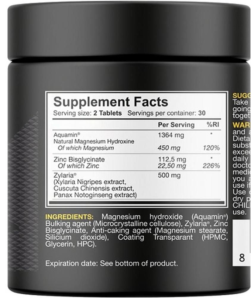 Rückseite der Dose mit Nährwertangaben. Enthält Magnesium, Zink und Zylaria. Zutatenliste und Verfallsdatum.