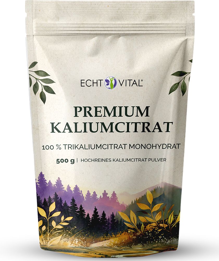 Beutel mit Echt Vital Premium Kaliumcitrat Pulver, 500g. Landschafts-Design.
