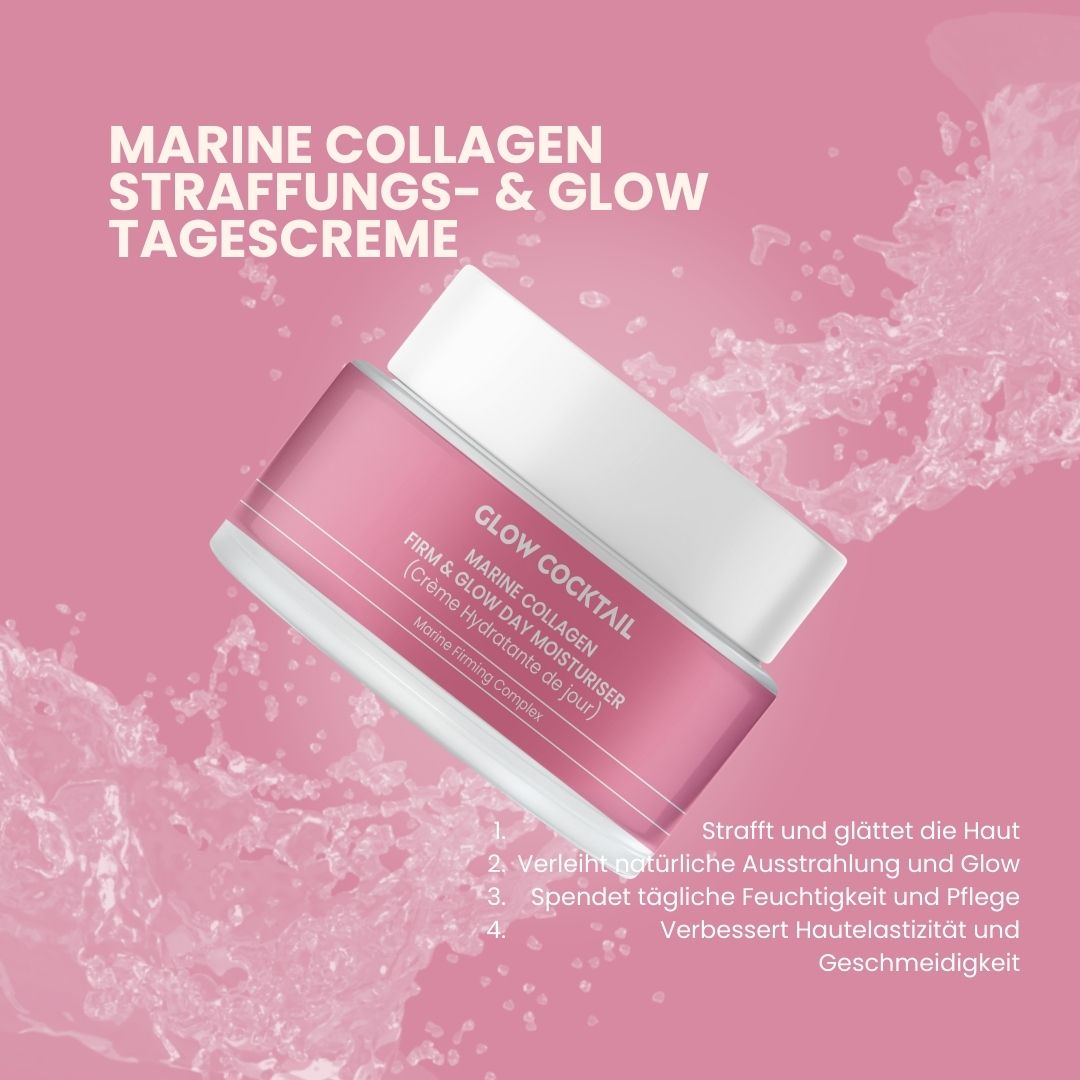 Rosa Creme-Dose mit weißem Deckel. Aufschrift: Marine Collagen Firm & Glow Day Moisturiser. Marke: Glow Cocktail. Wasser-Effekt.