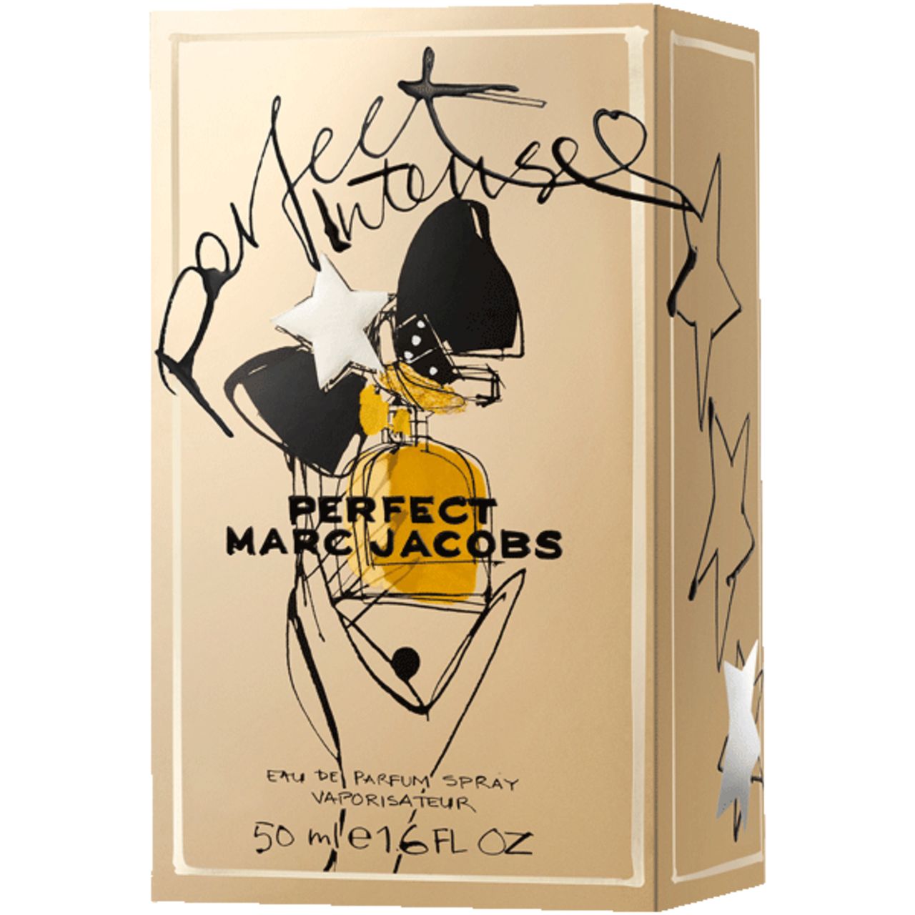 Verpackung mit Zeichnungen. Aufschrift: PERFECT MARC JACOBS INTENSE. Sterne und Flakon-Illustration. Goldfarbener Hintergrund.