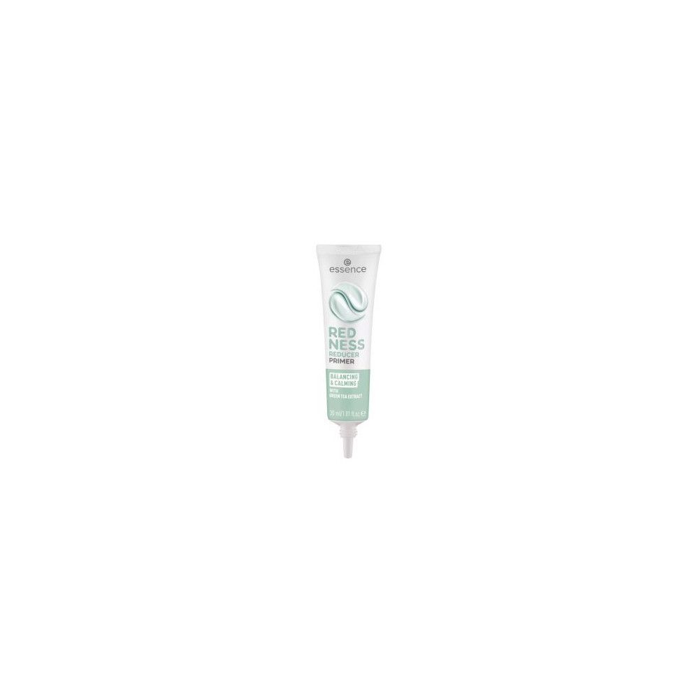 Produkt-Tube, weiß, grün. Aufschrift: Essence, Redness Reducer Primer, Balancing & Calming, Green Tea Extract. Detailansicht.