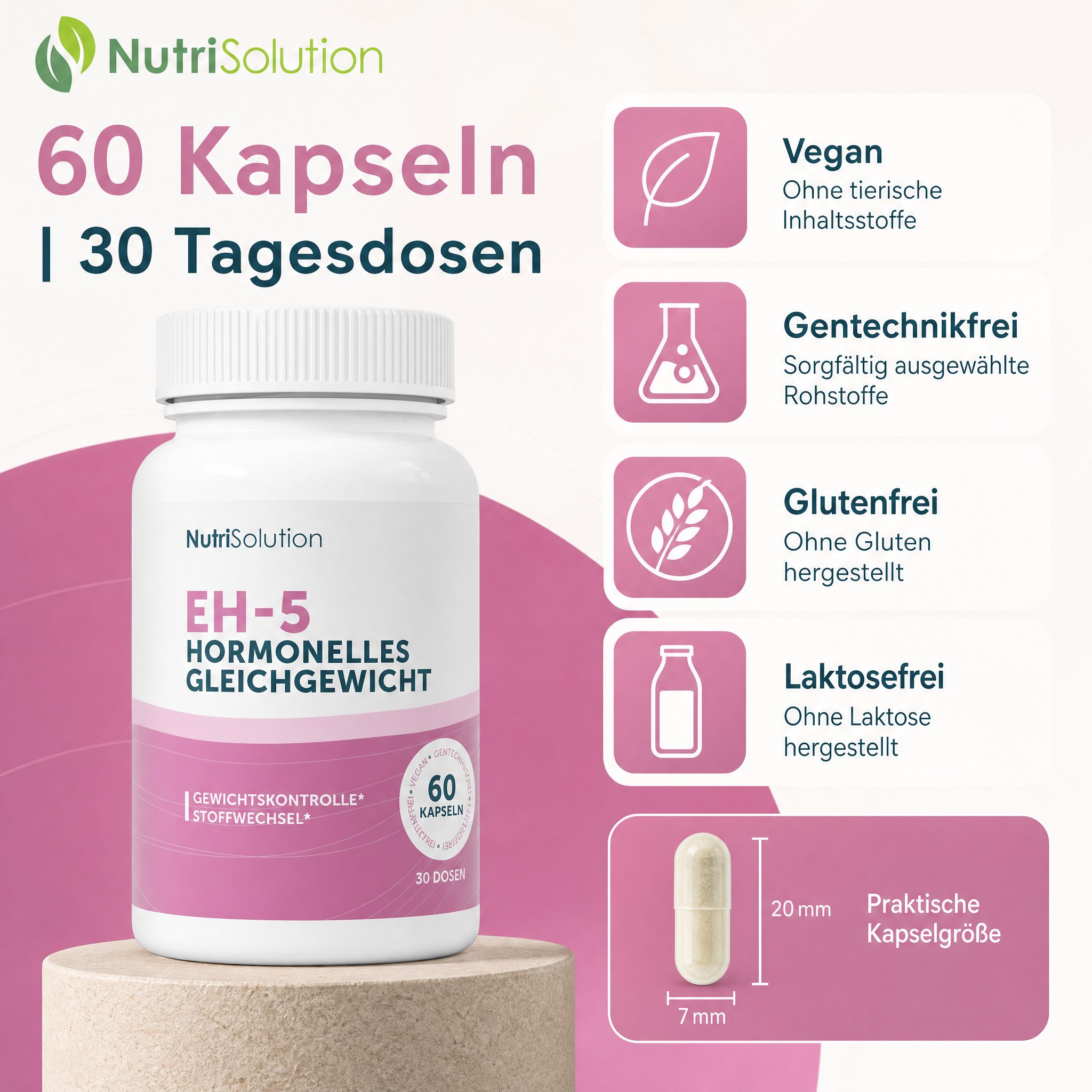 NutriSolution EH-5 Behälter, 60 Kapseln, 30 Tagesdosen, vegan, gentechnikfrei, glutenfrei, laktosefrei.