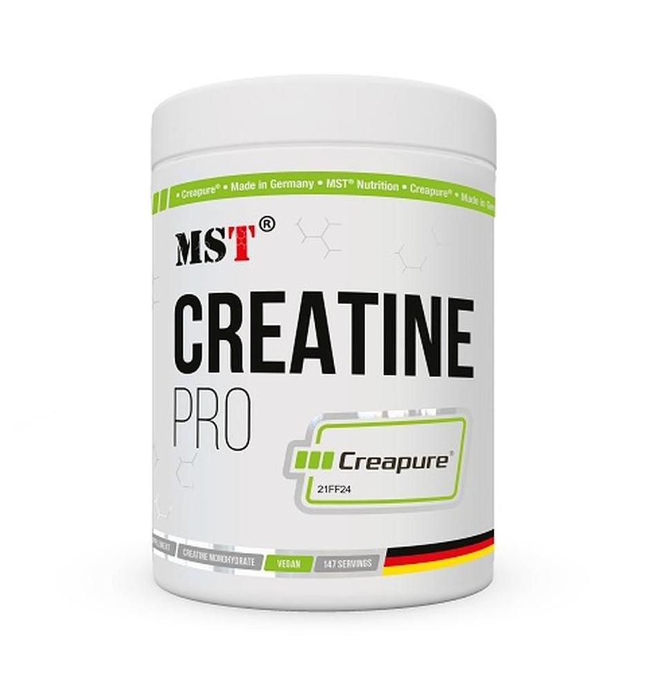 Weißes Supplement-Behälter mit schwarzer Aufschrift CREATINE PRO. Grün Creapure-Logo. MST-Logo. Made in Germany.