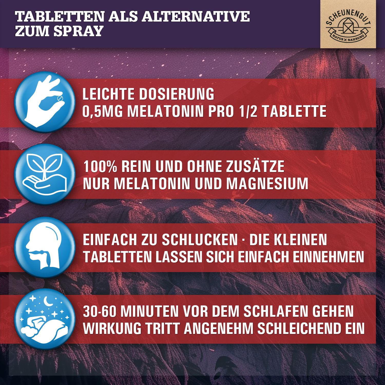 Scheunengut® Melatonin | Schlafkomplex mit 1mg Melatonin pro Tablette | 100% natürlich