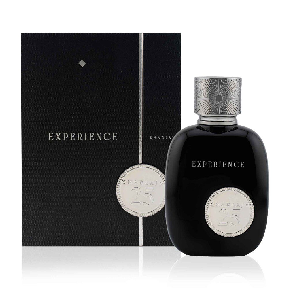 Schwarze Parfümflasche neben einer schwarzen Geschenkbox. Beide mit "EXPERIENCE" und "25" beschriftet.