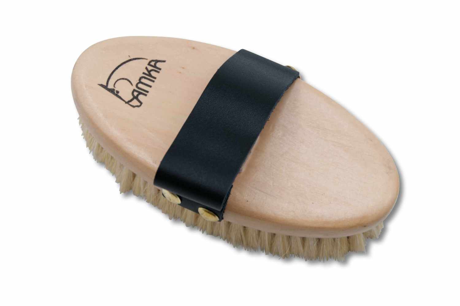 AMKA Classicbürste. Ovaler Bürstenkörper aus Holz mit schwarzer Lederschlaufe. Borsten hell.