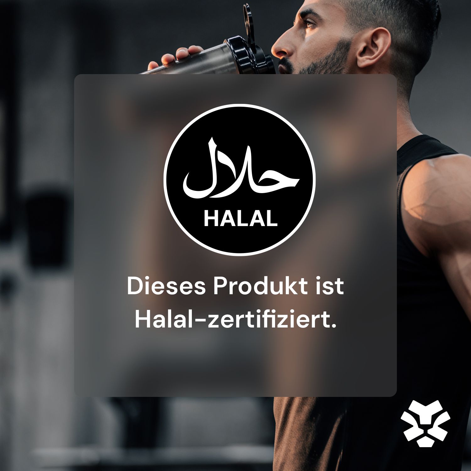 Halal-Zertifizierung. Text: Dieses Produkt ist Halal-zertifiziert. Logo mit Halal-Symbol.