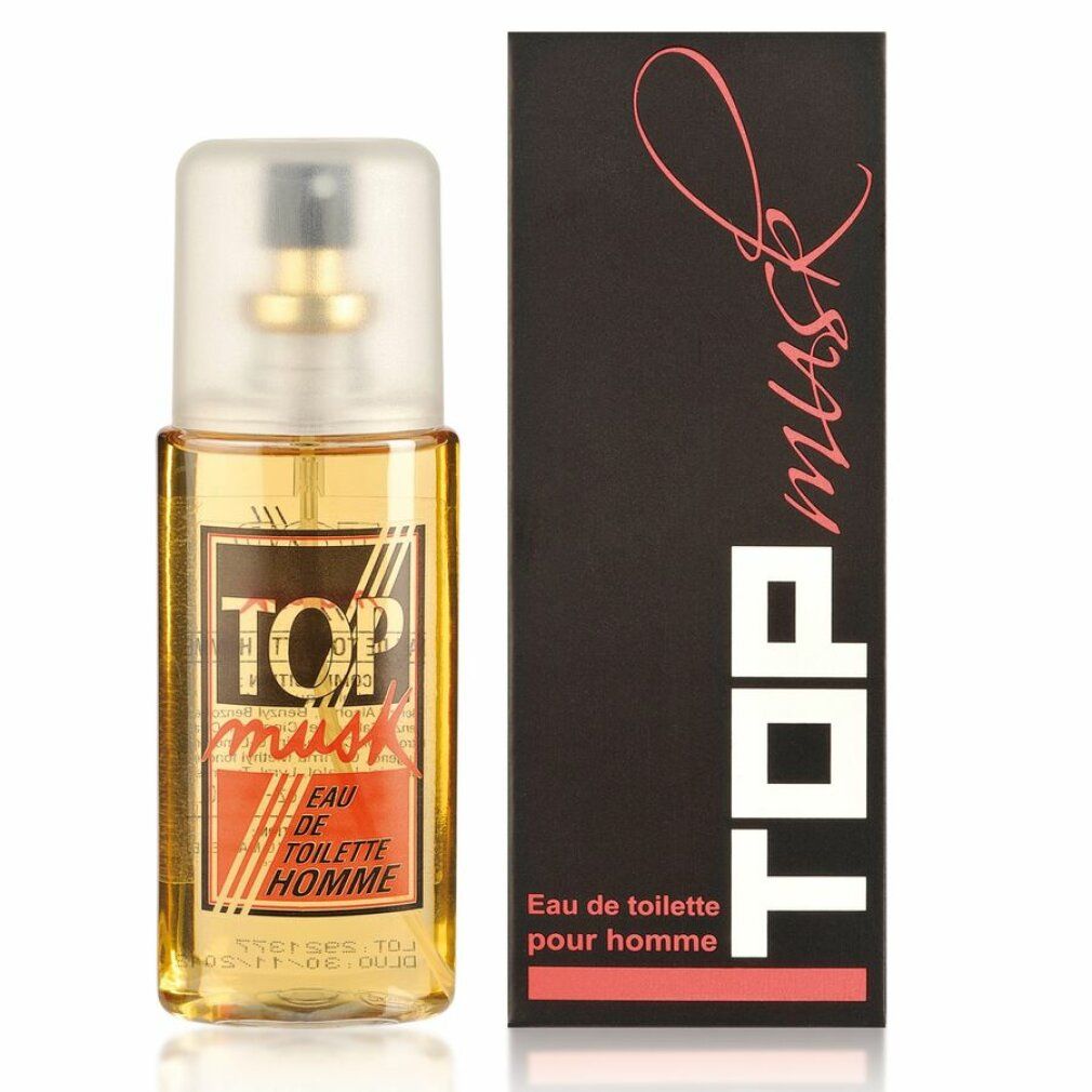 Eau de Toilette Flakon und Verpackung. Schwarze Verpackung mit "Top Musk" und rosa Akzenten. Flakon mit goldfarbenem Inhalt.