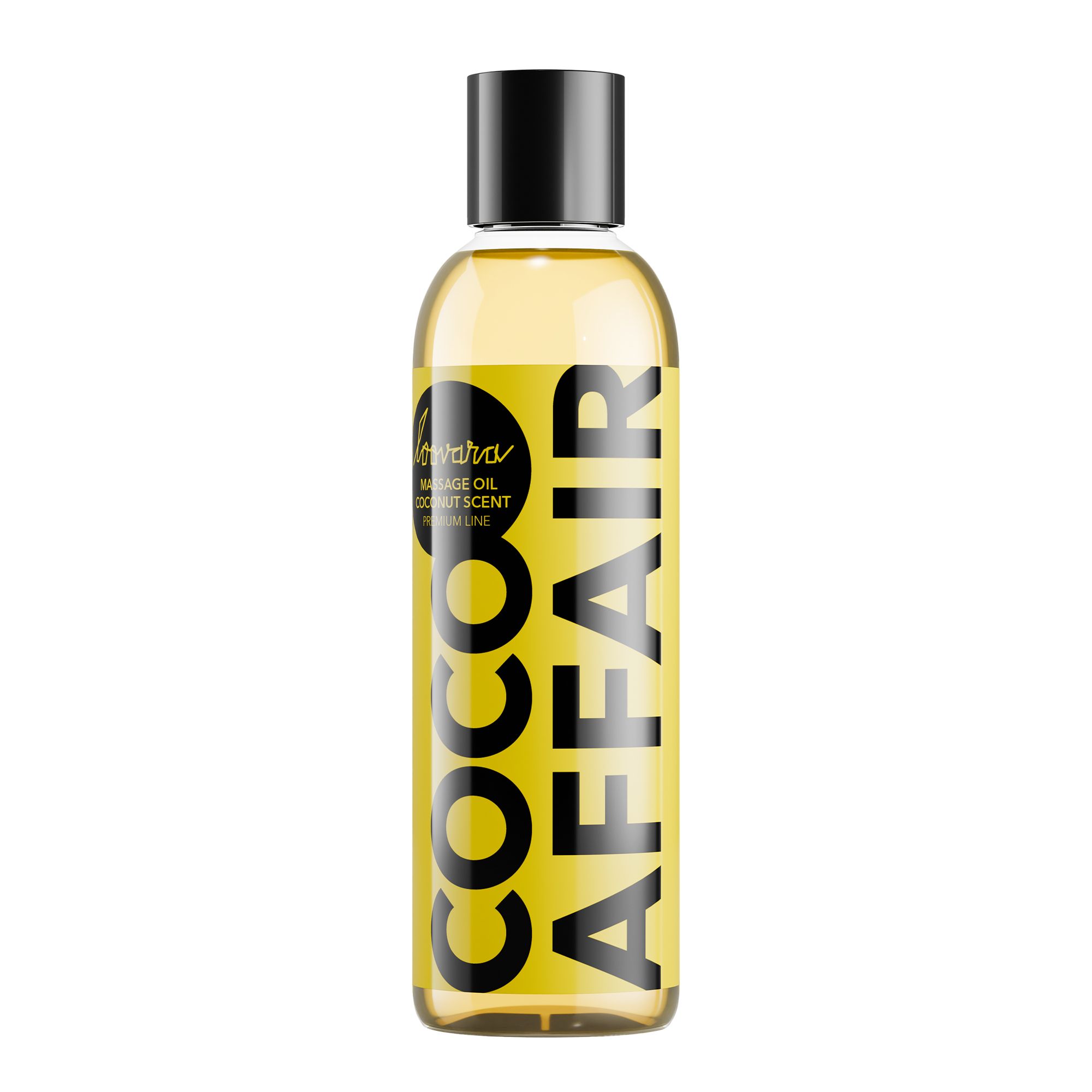 Loovara Coco Affair Massageöl Flasche mit schwarzem Deckel und gelbem Etikett.