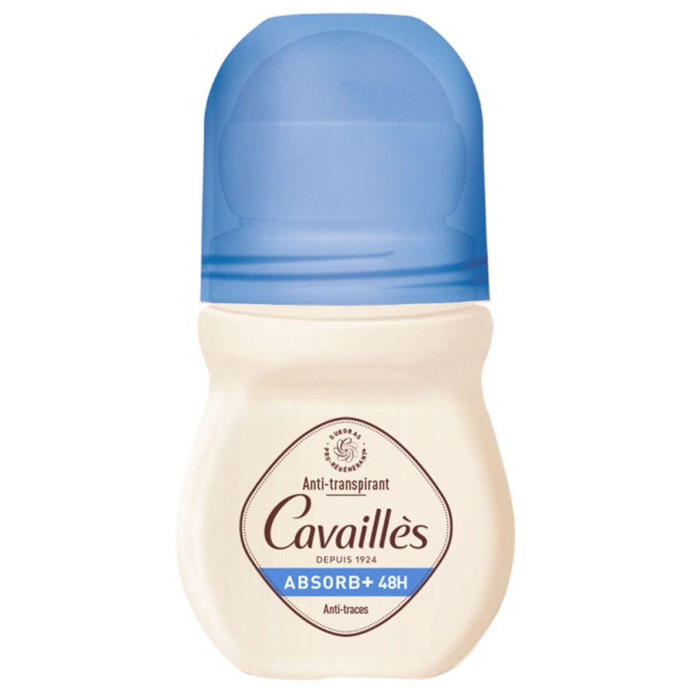 Cavaillès Antitranspirant Roll-On mit blauem Deckel. Beschriftung: ABSORB+ 48H Anti-Spuren.
