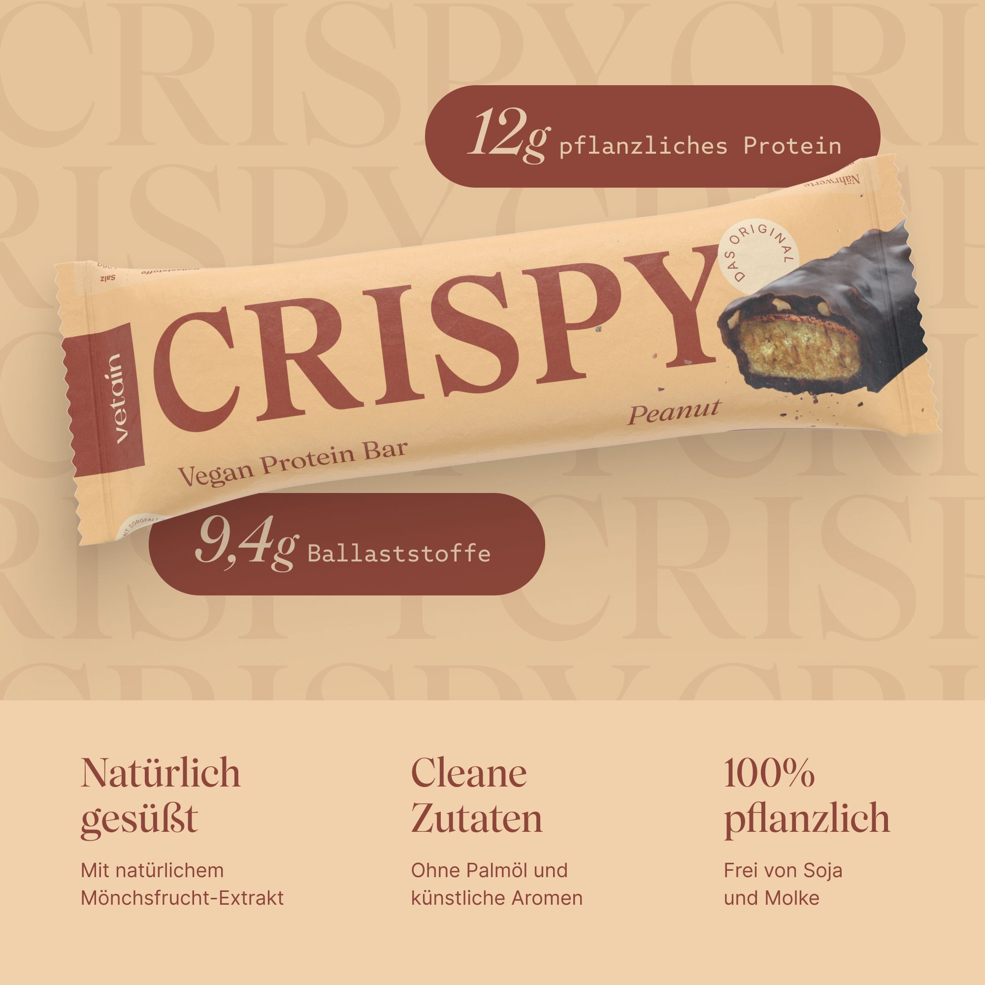 VETAIN Proteinriegel Vegan Crispy Peanut mit 12g Protein und 9,4g Ballaststoffen.