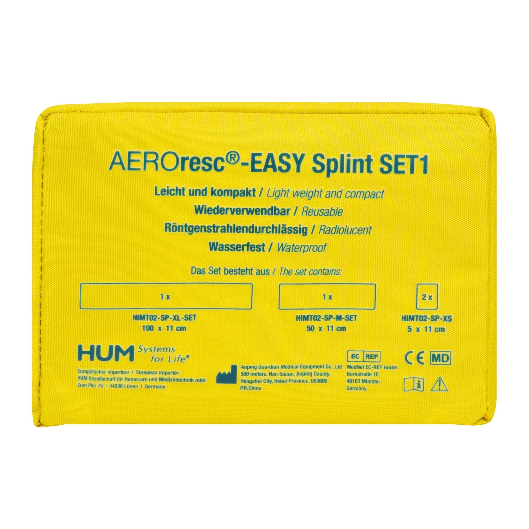 Gelbe Tasche mit AEROresc EASY Splint SET1. Text: Leicht und kompakt, wiederverwendbar, wasserfest. Enthält 1x, 2x Spalken. CE-Kennzeichnung.