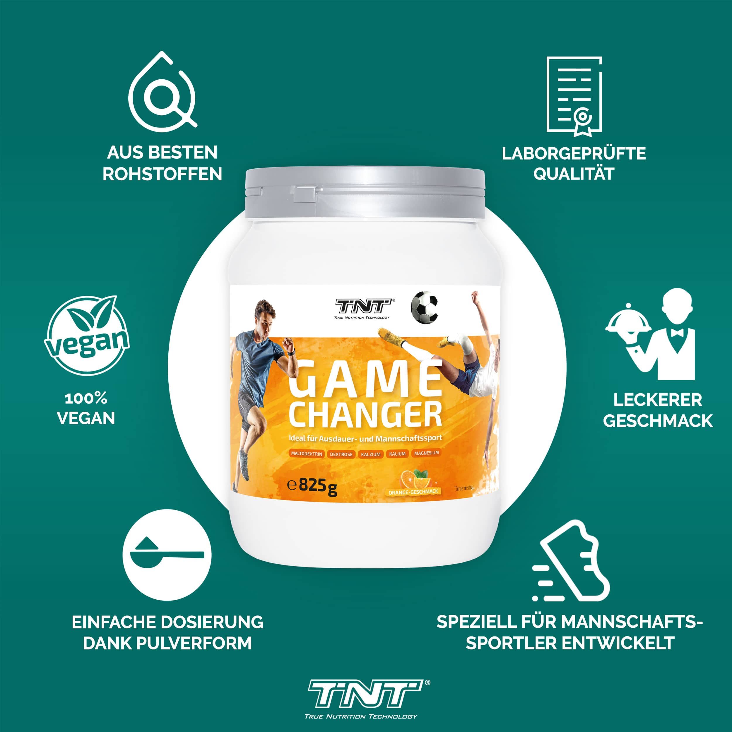 Weißer Behälter TNT Game Changer, umgeben von Icons. Vegan-Siegel, Laborgeprüft, leckerer Geschmack.