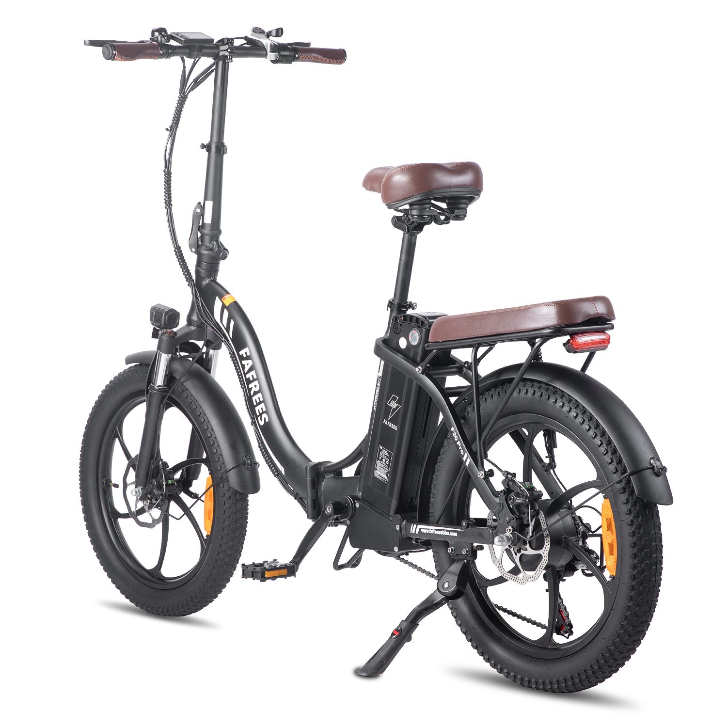 Schwarzes Fafrees F20 Pro E-Bike mit braunem Sattel. Sichtbare Details: Marke, Scheinwerfer, Schutzbleche.
