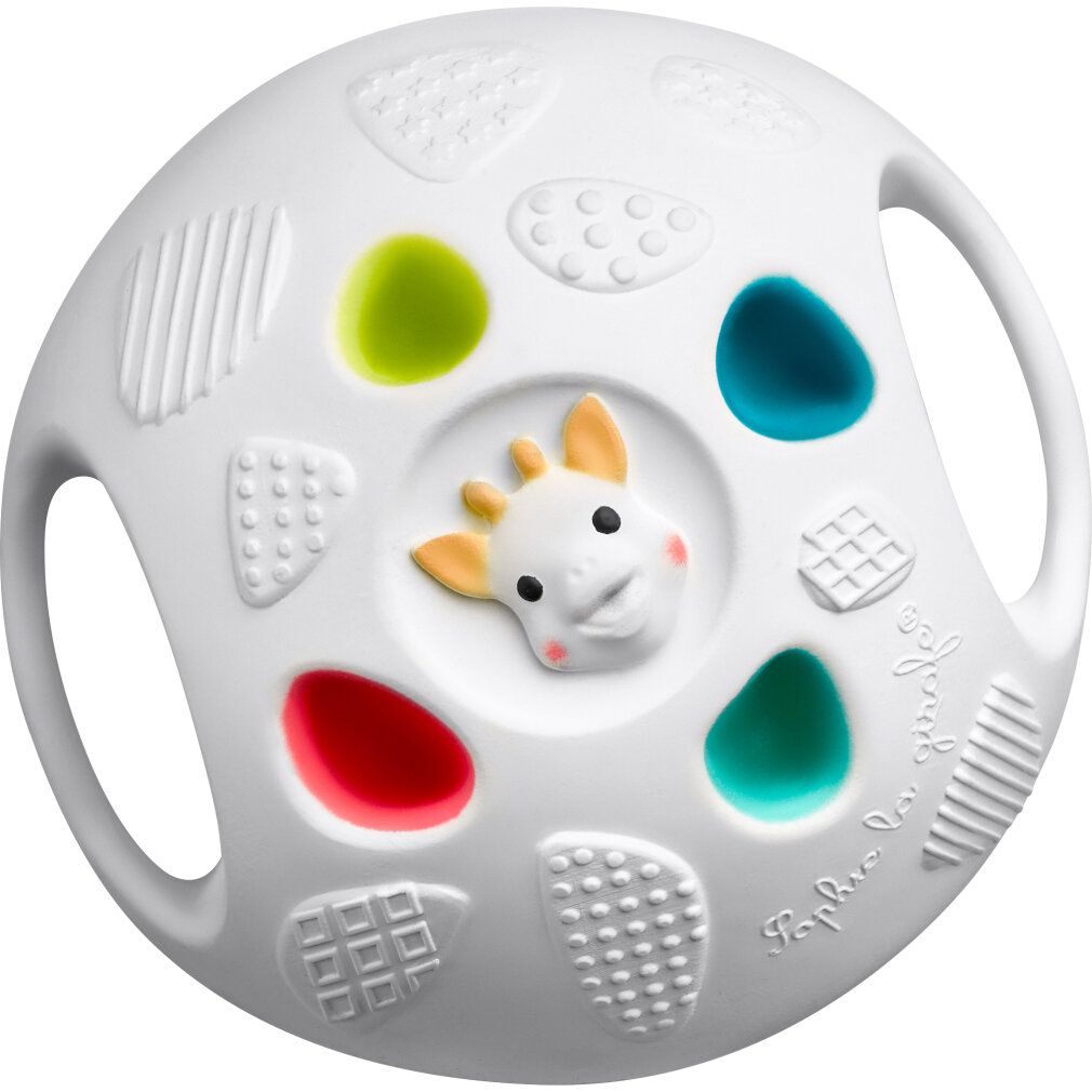 Weißer Senso'Ball mit farbigen Akzenten und Griffen. Giraffen-Gesicht in der Mitte. Verschiedene Oberflächenstrukturen.