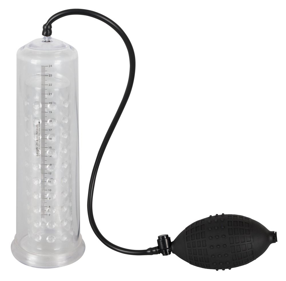 Transparenter Zylinder mit genoppter Innenhülle, schwarzem Schlauch und Pumpe. Skala in cm. Basis und Pumpe aus schwarzem Gummi.