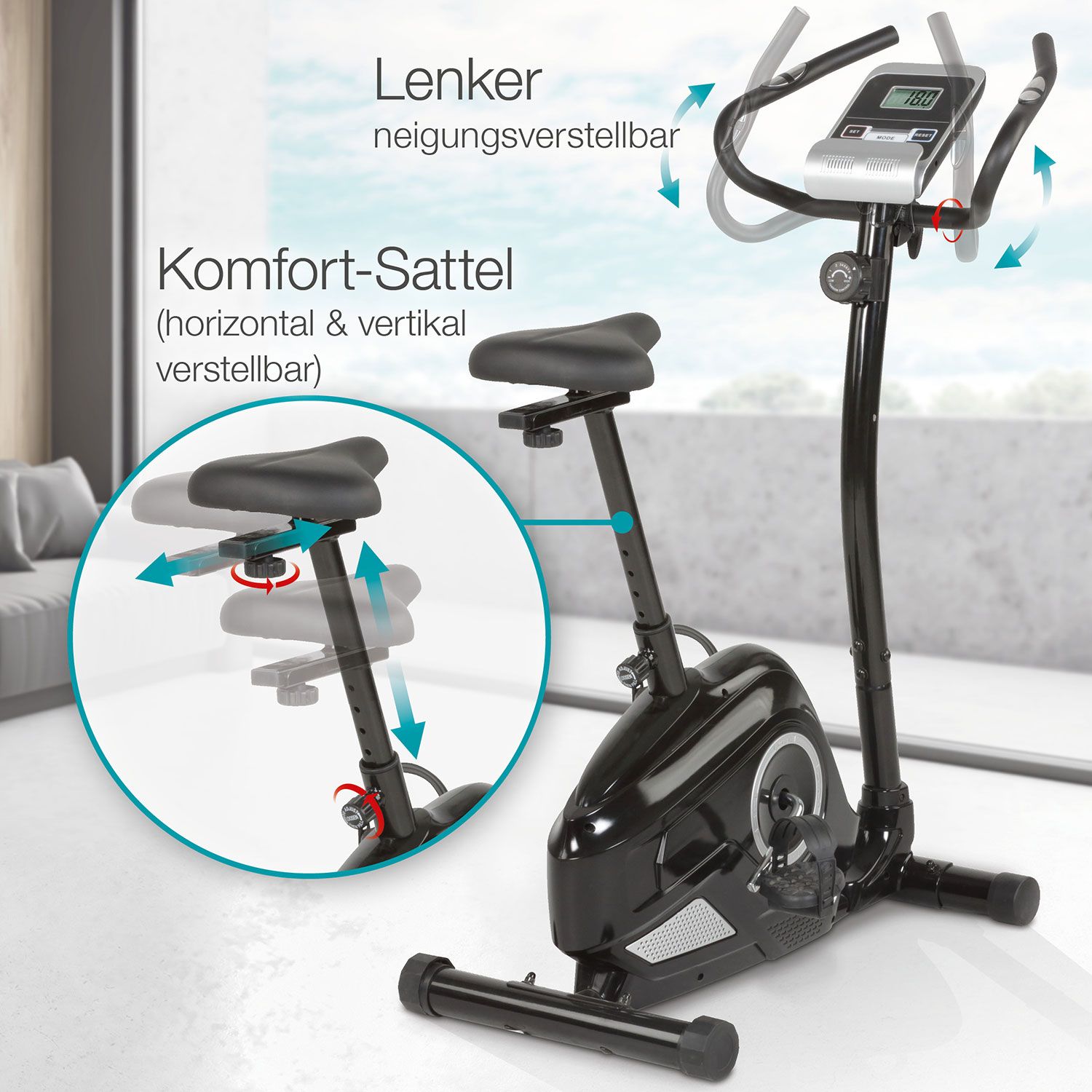 Schwarzer Heimtrainer. Verstellbarer Lenker und Sattel. Horizontale und vertikale Verstellung des Sattels. Pfeile zeigen die Bewegung.