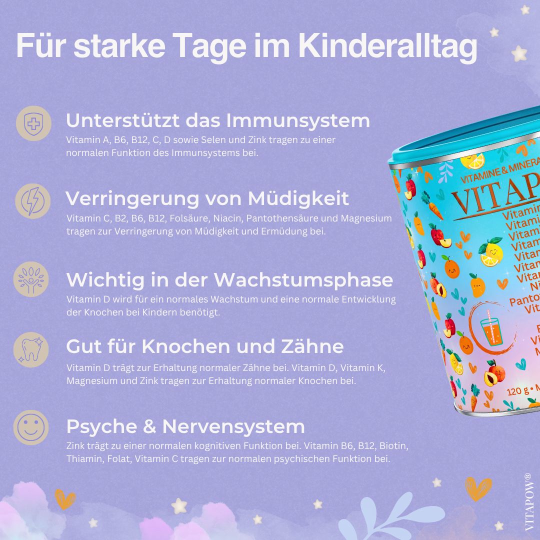 Vitapow Kids Dose mit Icons für Immunsystem, Müdigkeit, Wachstum, Knochen und Nervensystem.