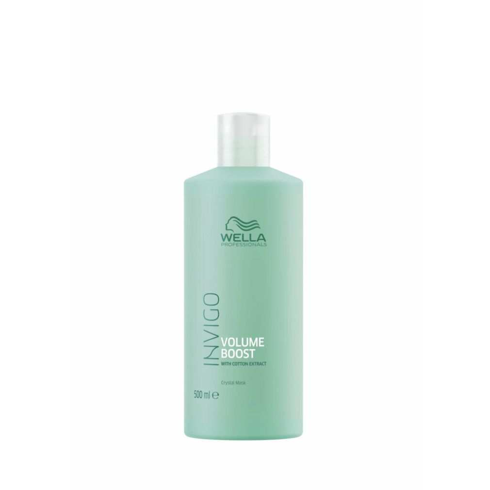 Türkisgrüne Flasche mit weißem Deckel. Aufschrift: Wella Invigo Volume Boost. Mit Baumwollextrakt. 500 ml.