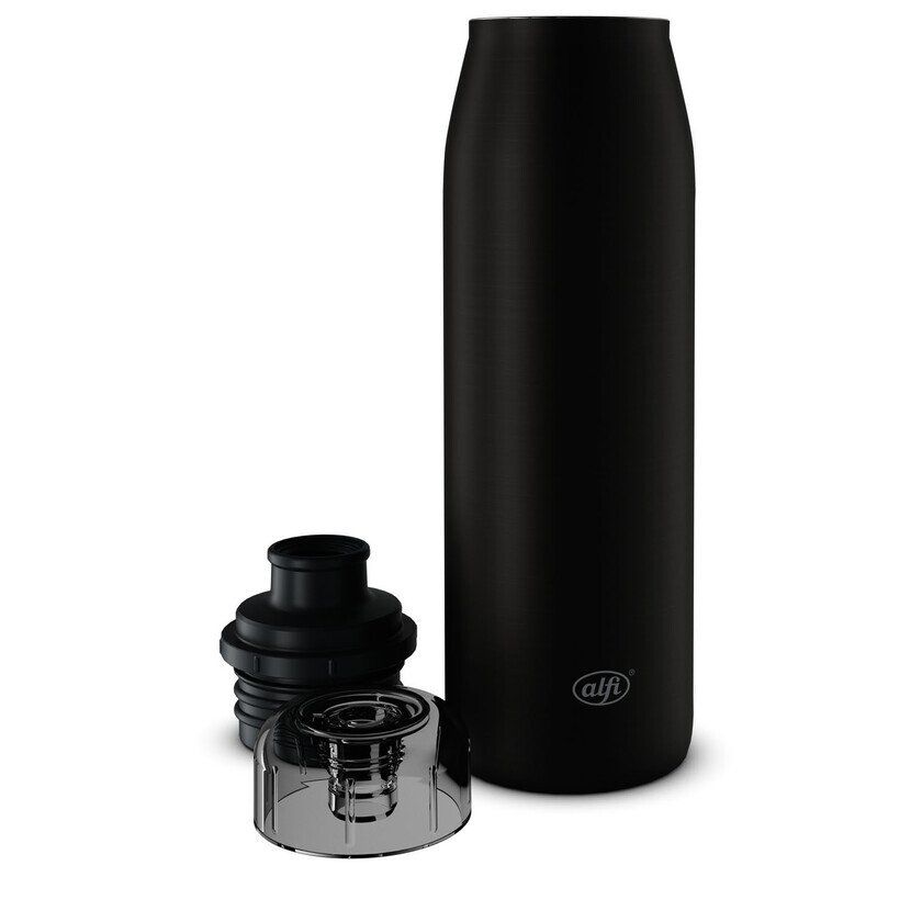Schwarze Alfi Isolierflasche mit Schraubverschluss und transparentem Deckel.