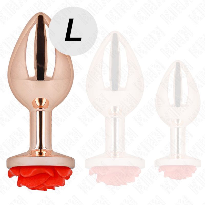 Analplug aus Metall, Größe L, mit roter Rosen-Applikation am Sockel.