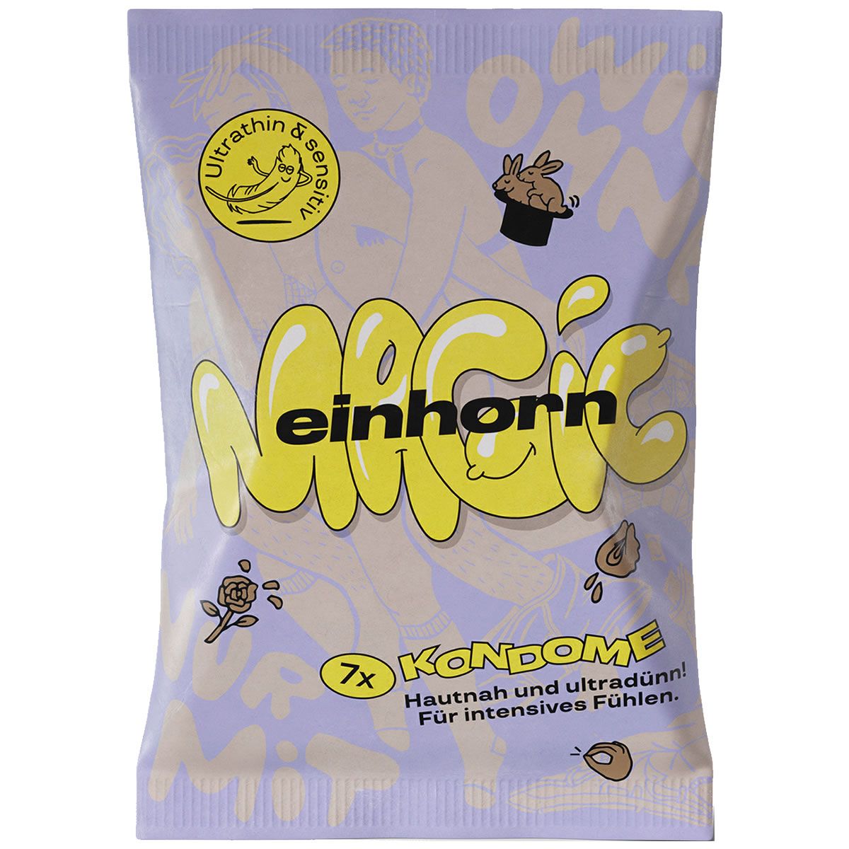 Verpackung mit Kondomen. Aufschrift MAGIC, Einhorn. 7 Kondome. Hautnah und ultradünn. Für intensives Fühlen.