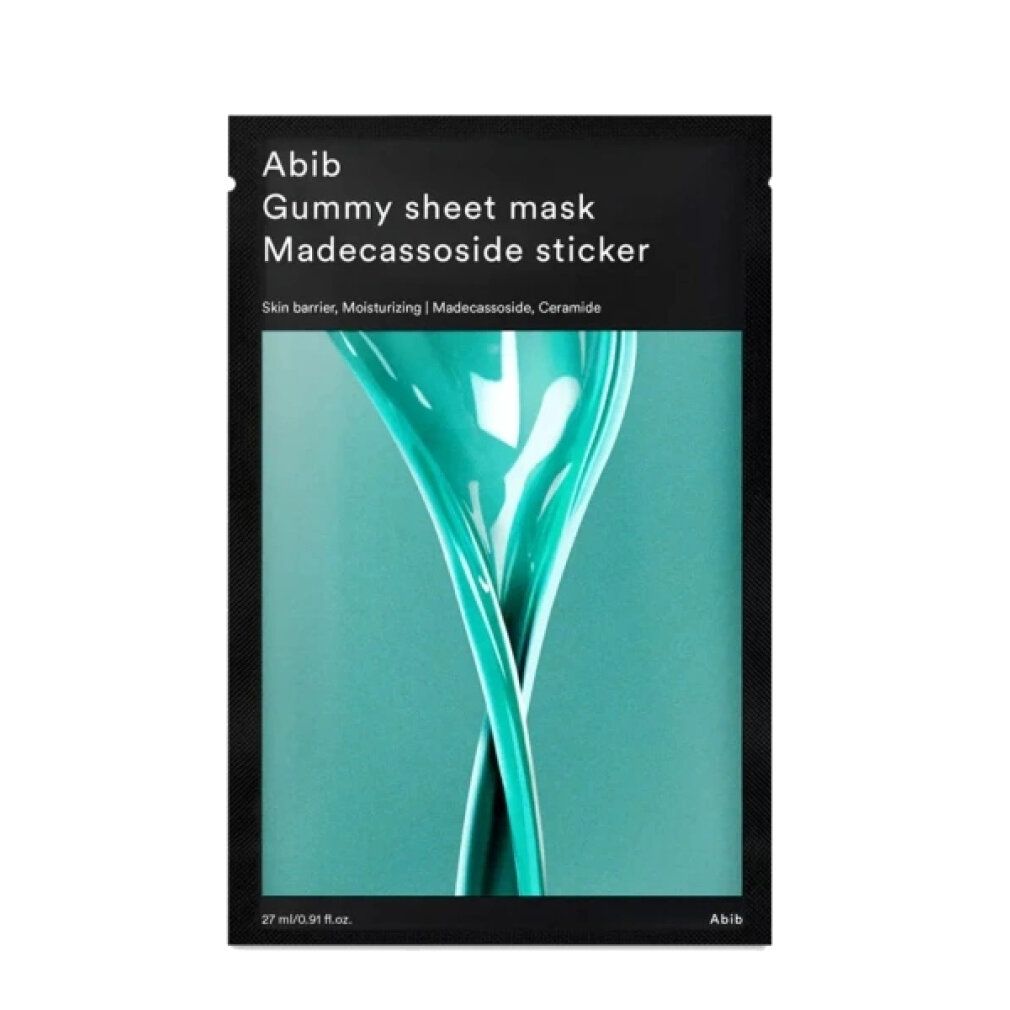 Abib Gummy Sheet Mask Madecassoside Sticker Packung mit türkisfarbenem Flüssigkeitsdesign.