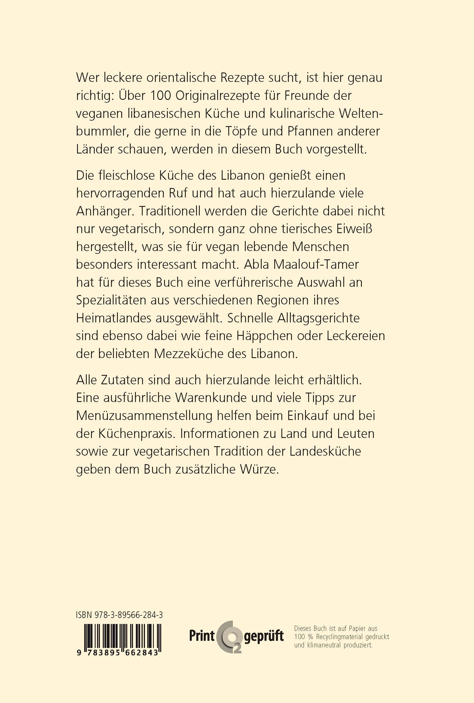 Buchrückseite mit Text. ISBN, Barcode, Logo "Print2geprüft". Text über vegane libanesische Küche.