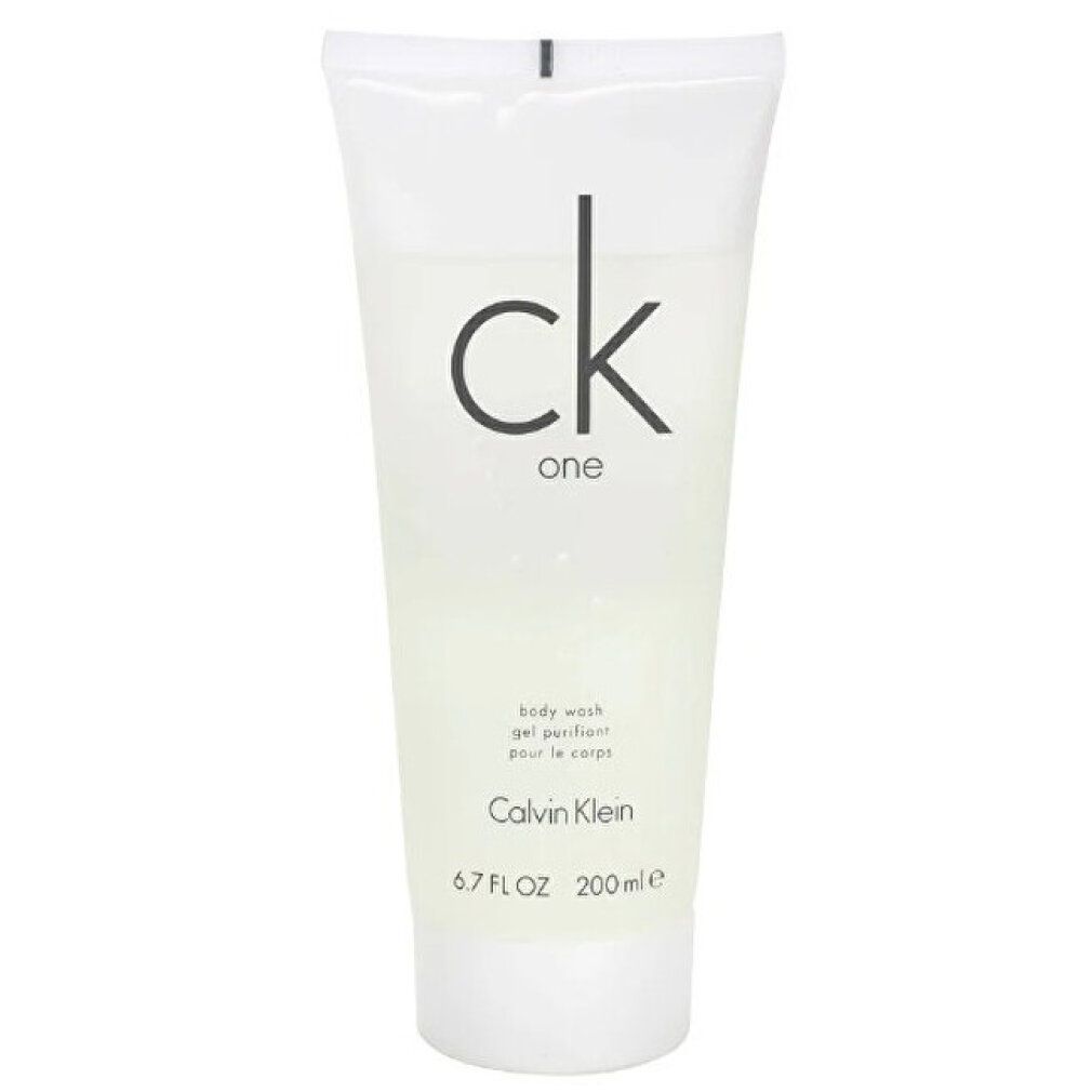 CK One Duschgel-Tube. Weiße Tube mit schwarzem Logo "ck one" und "Calvin Klein". 200 ml.
